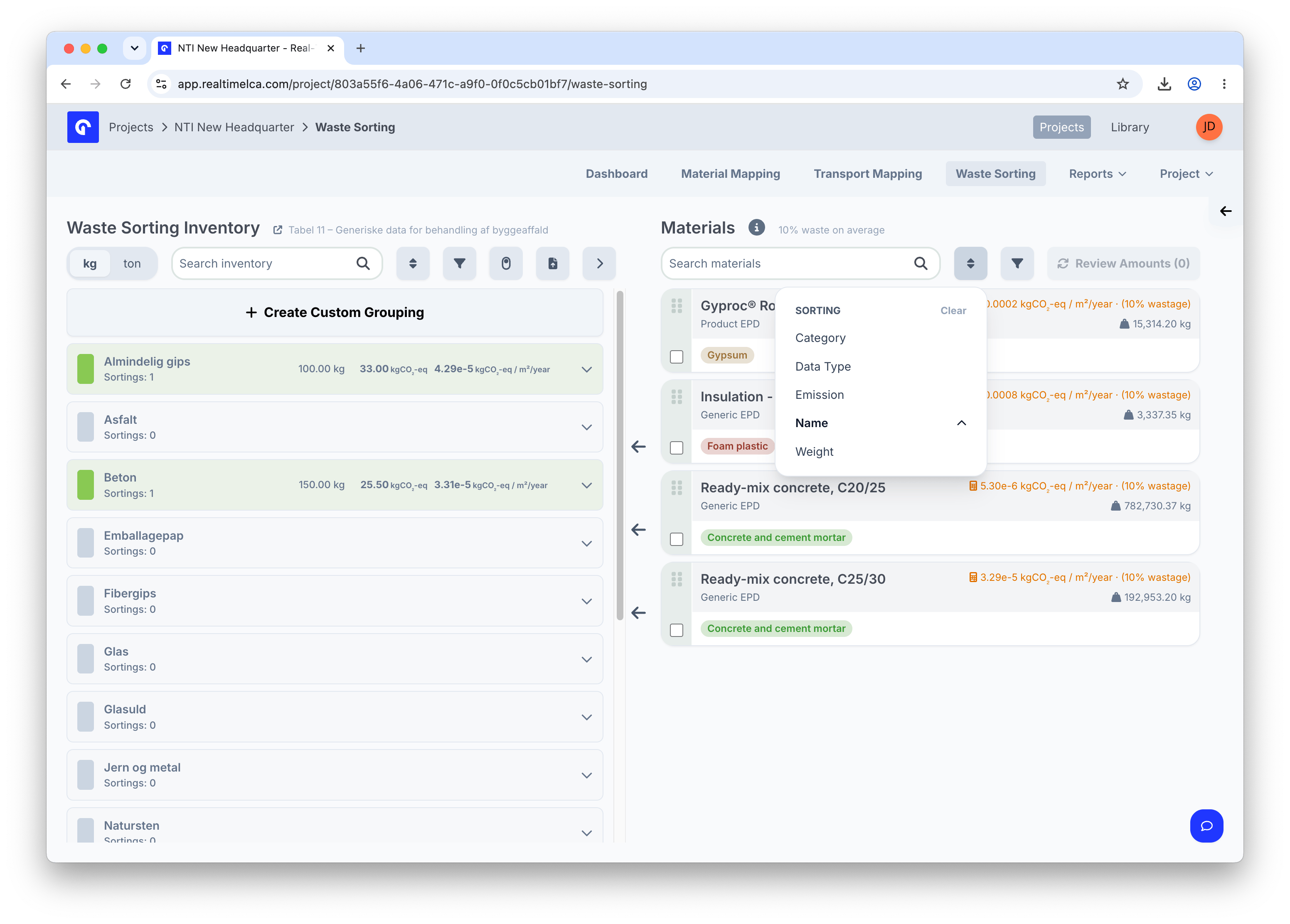 Materials panel sort dropdown with Category, Data Type, Emission, Name (highlighted), and Weight options.