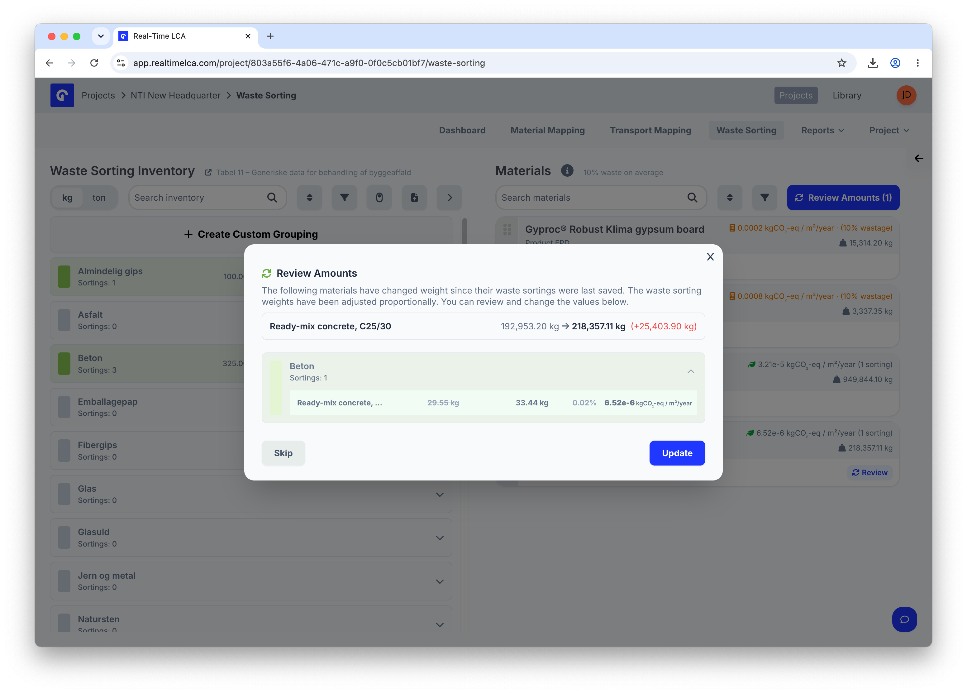Review Amounts modal showing a Ready-mix concrete material that changed from 192,953.20 kg to 218,357.11 kg, with a proposed adjusted sorting weight and Skip / Update buttons.