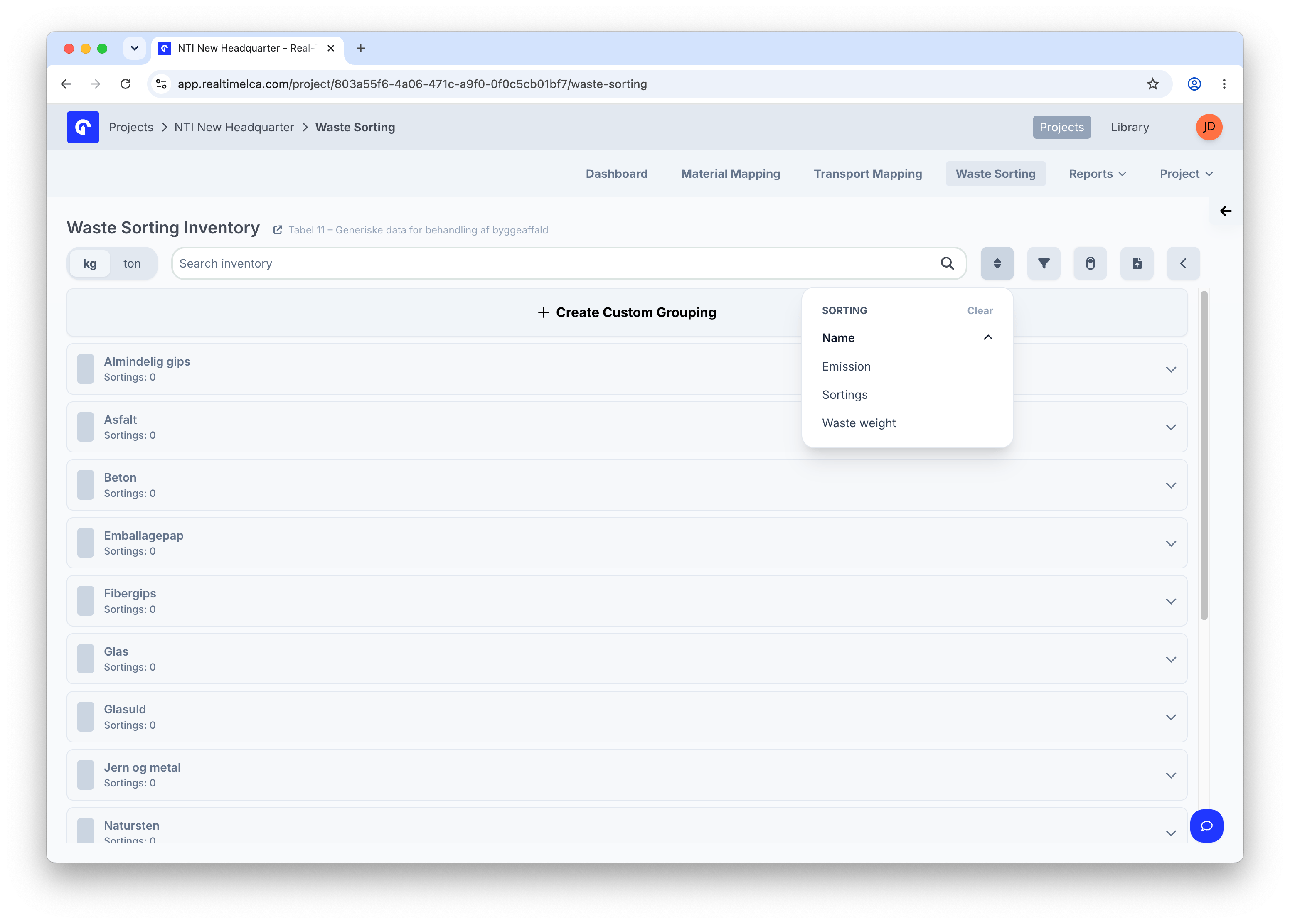 Waste Sorting Inventory sort dropdown with Name (highlighted), Emission, Sortings, and Waste weight options.
