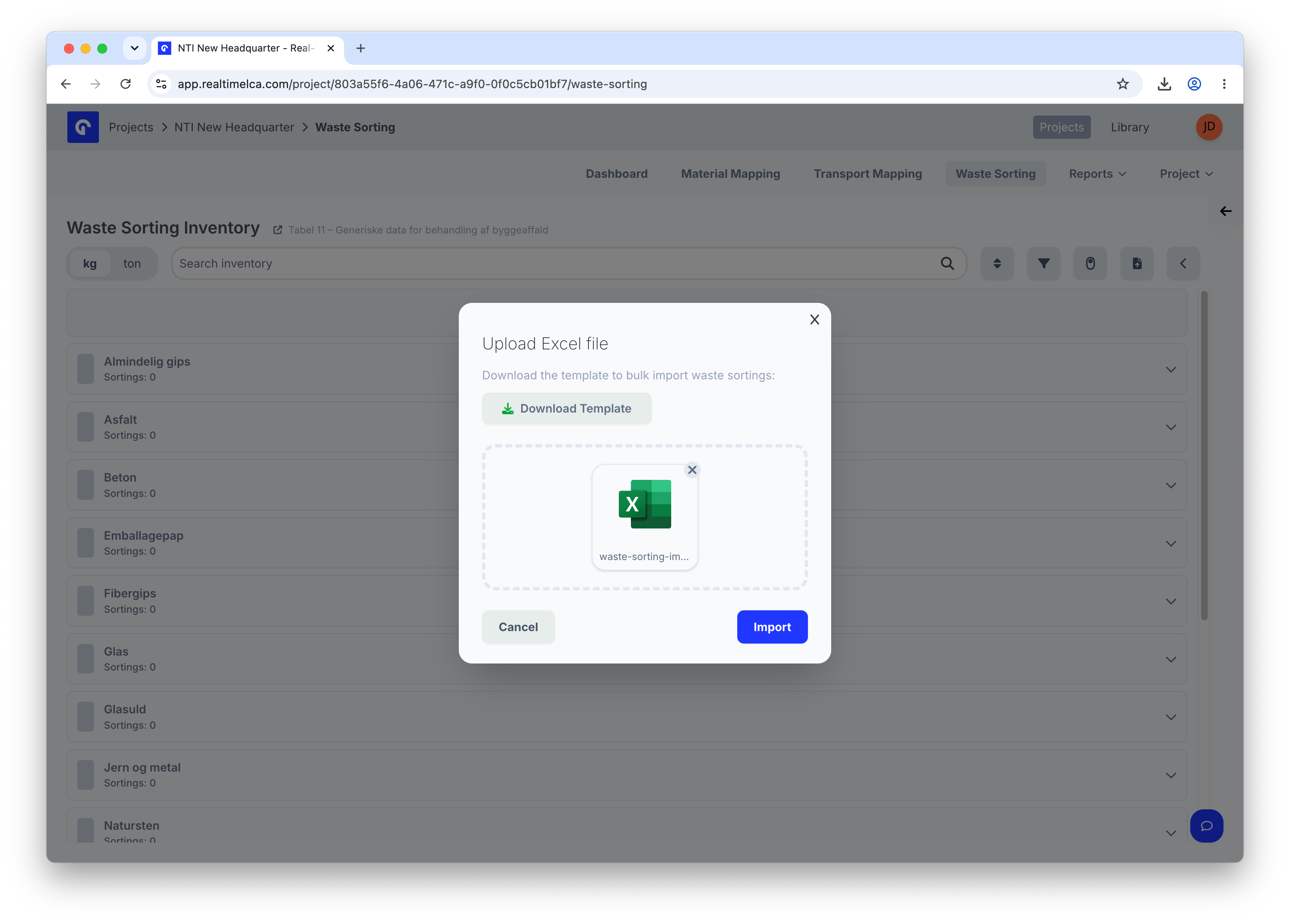 Upload Excel file modal with a waste-sorting-im... .xlsx file attached and a primary Import button.
