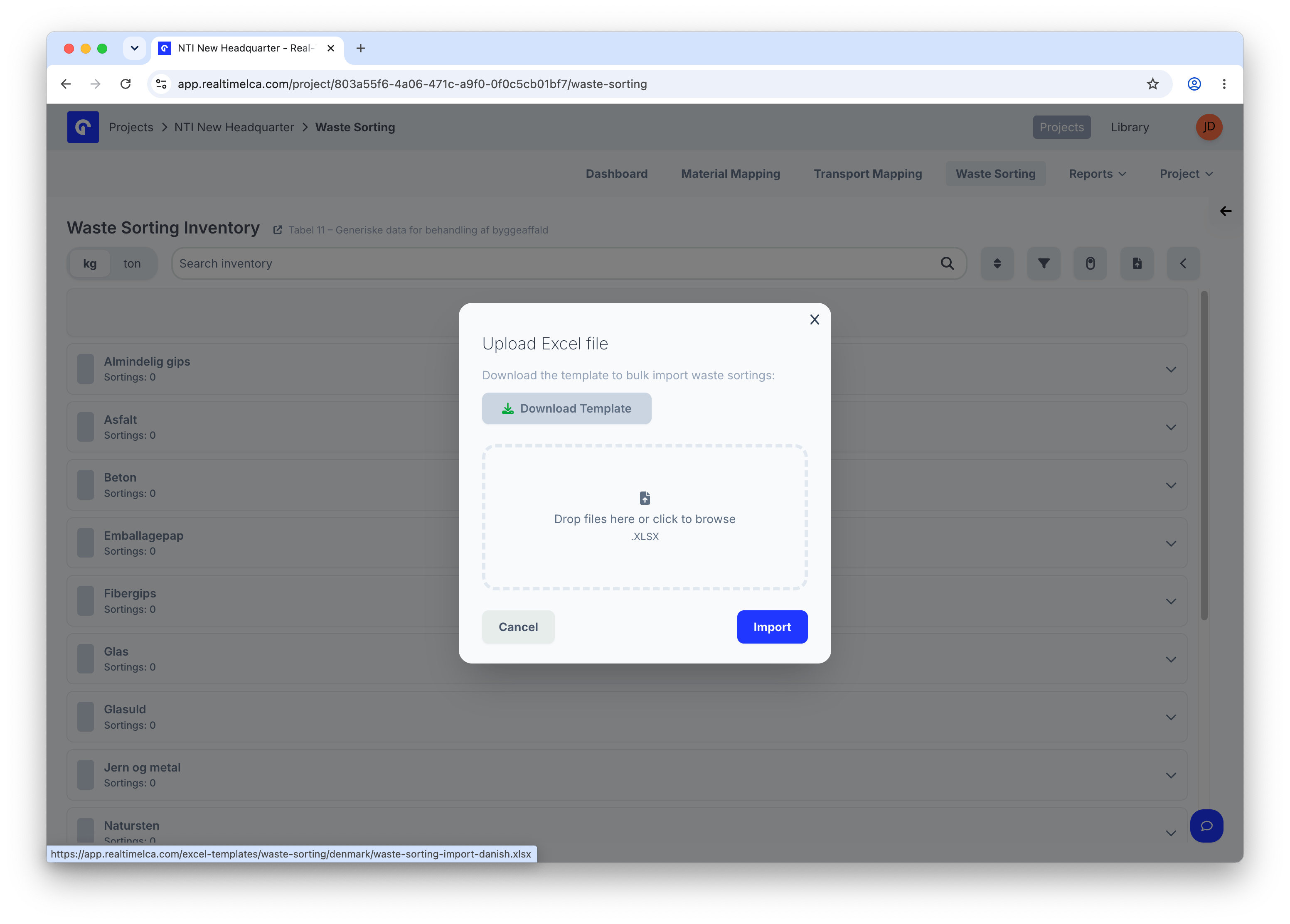 Upload Excel file modal with a Download Template button and a drop zone for .xlsx.