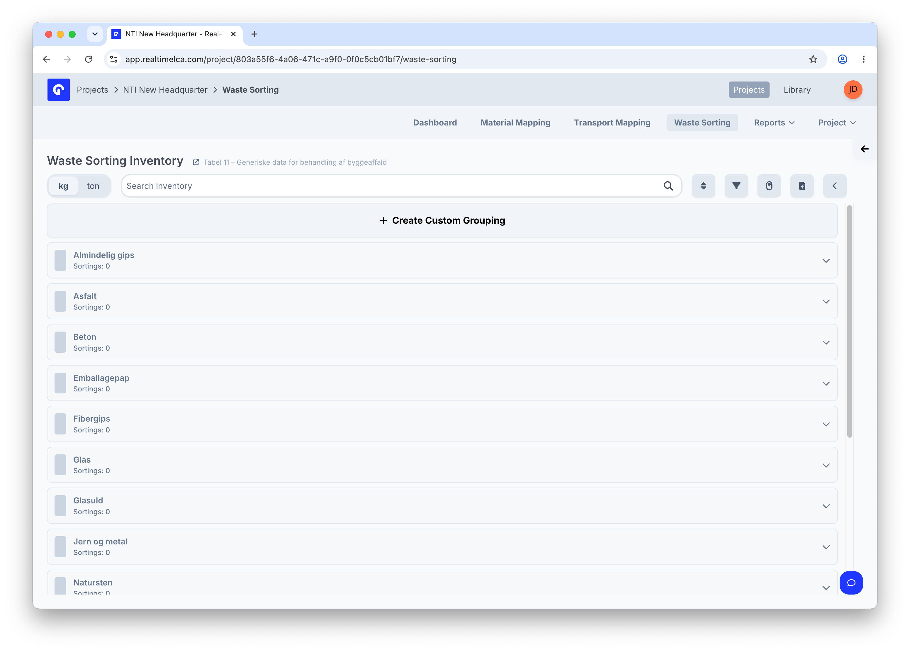 Waste Sorting Inventory page with fractions like Almindelig gips, Asfalt, Beton, Emballagepap, Fibergips, Glas, Glasuld, Jern og metal, and Natursten listed as collapsible groups.
