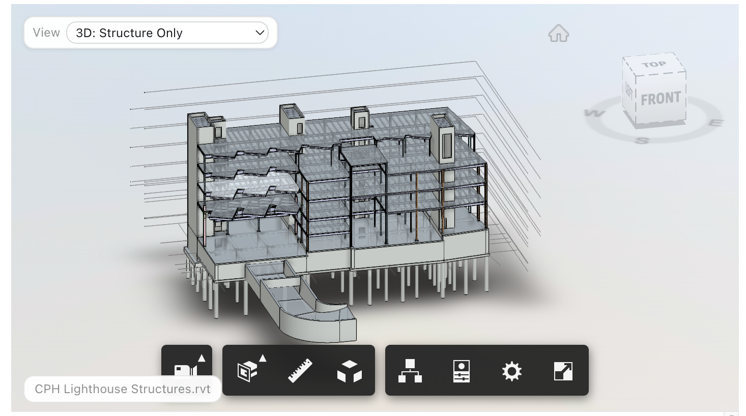 Model viewer showing CPH Lighthouse Structures.rvt with the View dropdown set to 3D: Structure Only. A multi-storey steel and concrete frame sits on foundation piles, with a navigation cube and viewer toolbar.