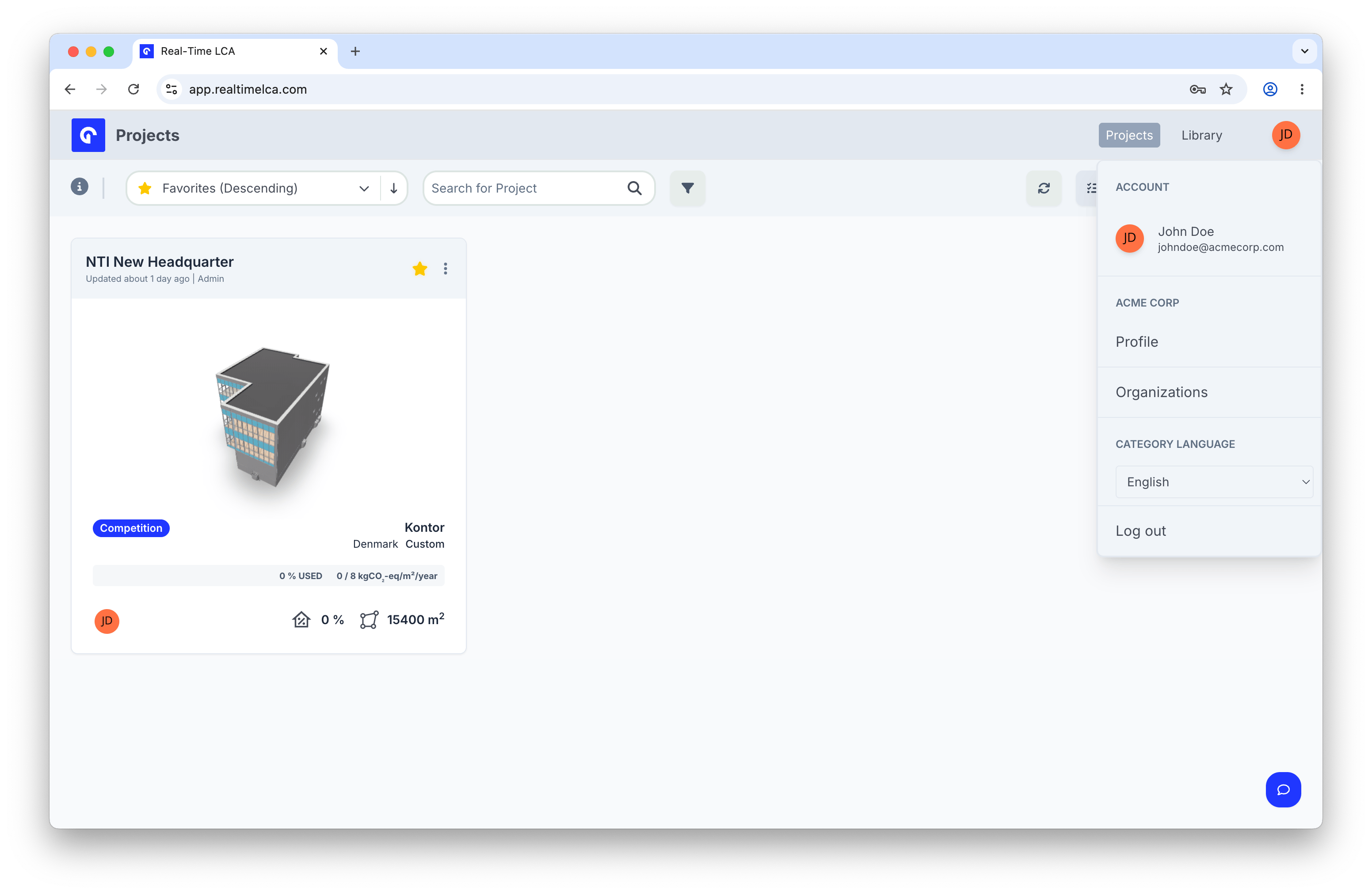Account menu with Account, Profile, Organizations, Category Language, and Log out sections.