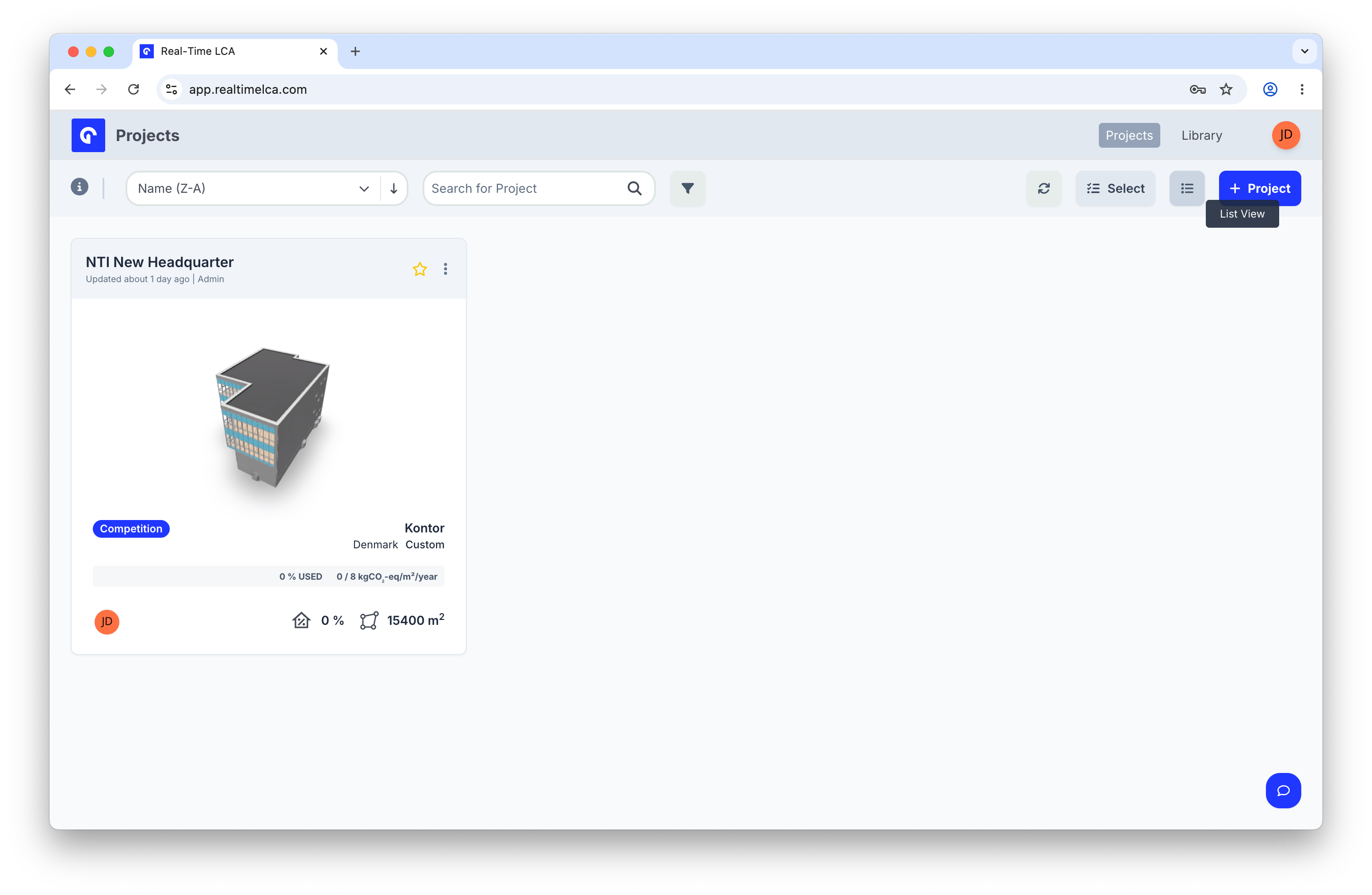 Tooltip pointing at the List View toggle button next to the + Project button.