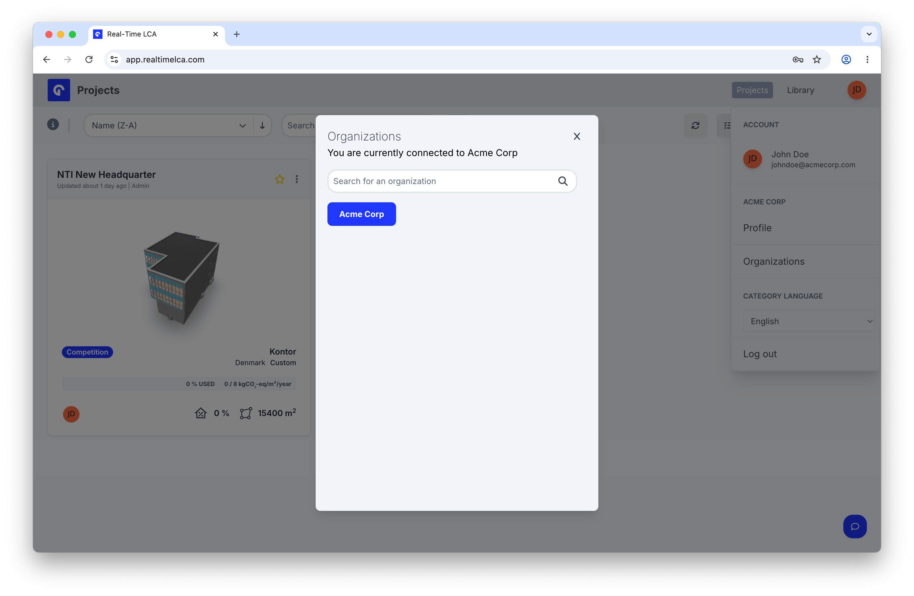 Organizations modal listing Acme Corp as the currently connected organization.