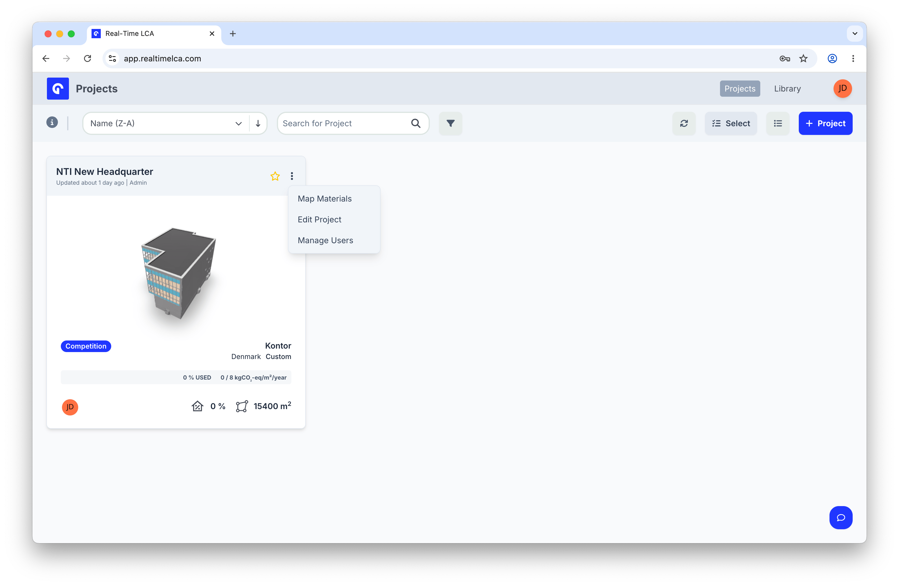 Project card cog menu with Map materials, Edit Project, and Manage Users.