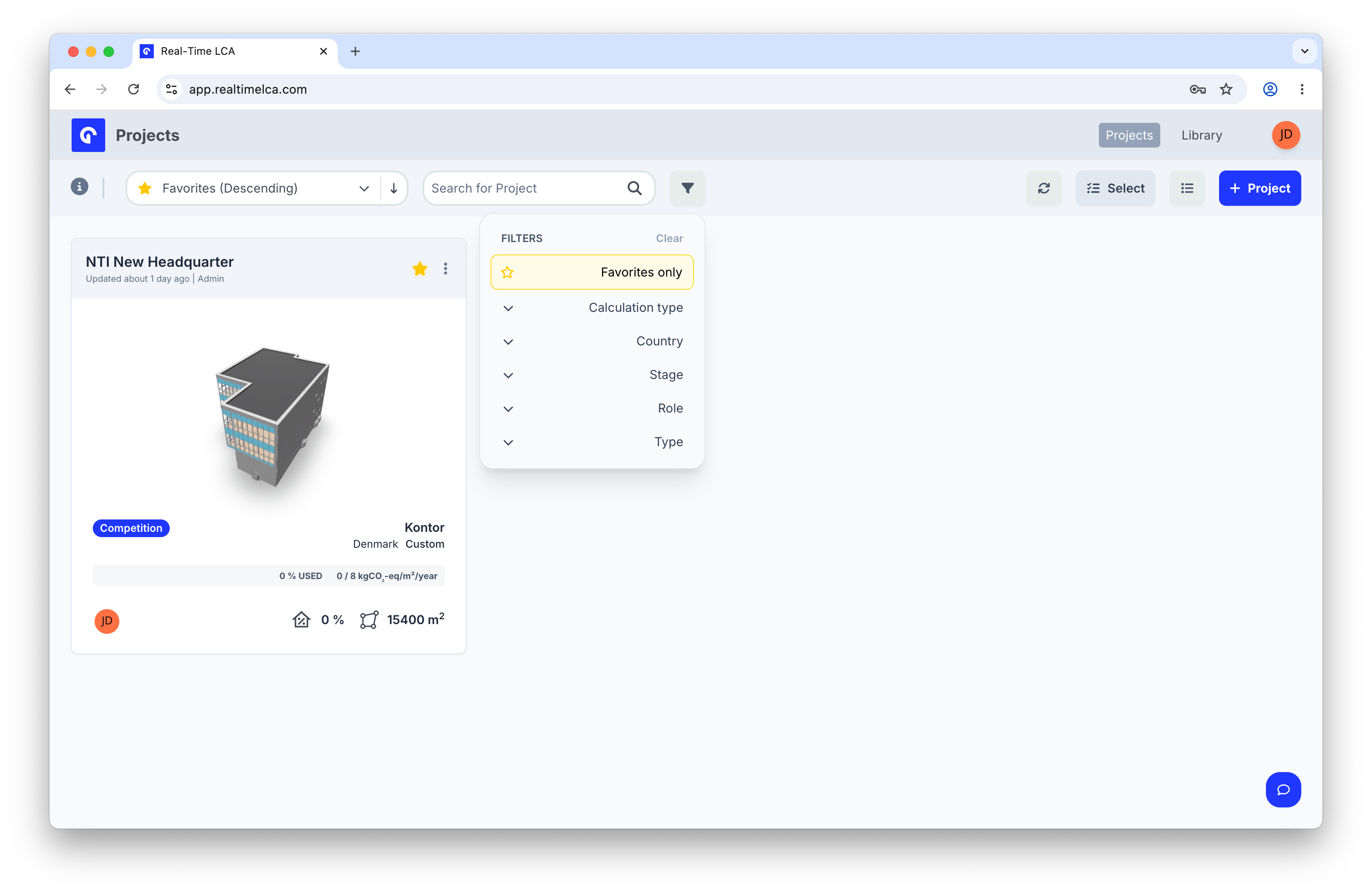 Filters panel with Favorites only, Calculation type, Country, Stage, Role, and Type filters.