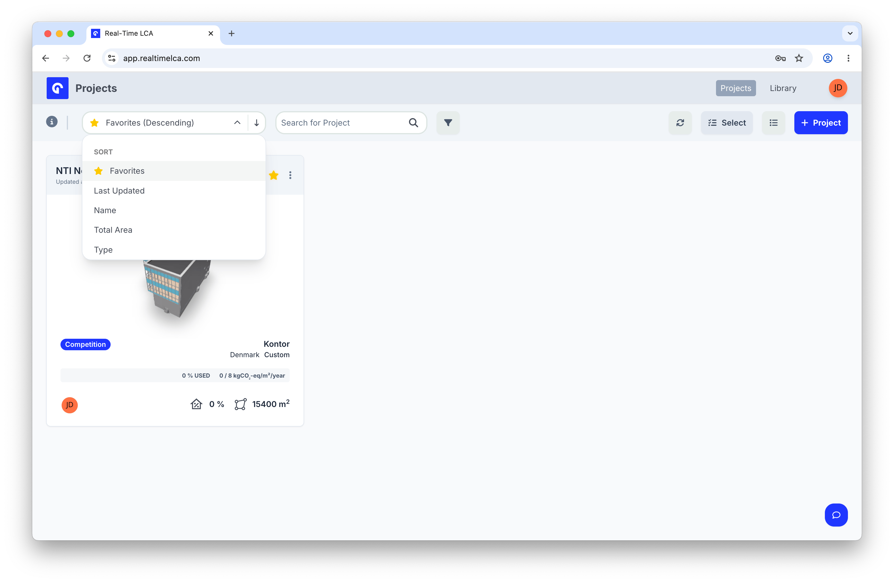 Sort dropdown with Favorites, Last Updated, Name, Total Area, and Type options.