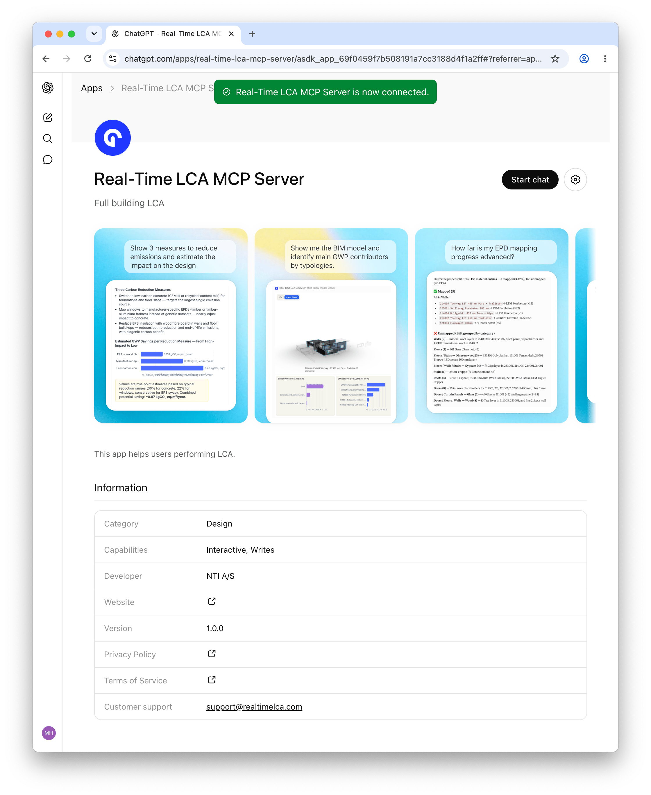 ChatGPT App Store listing showing a green Real-Time LCA MCP Server is now connected banner and a Start chat button.