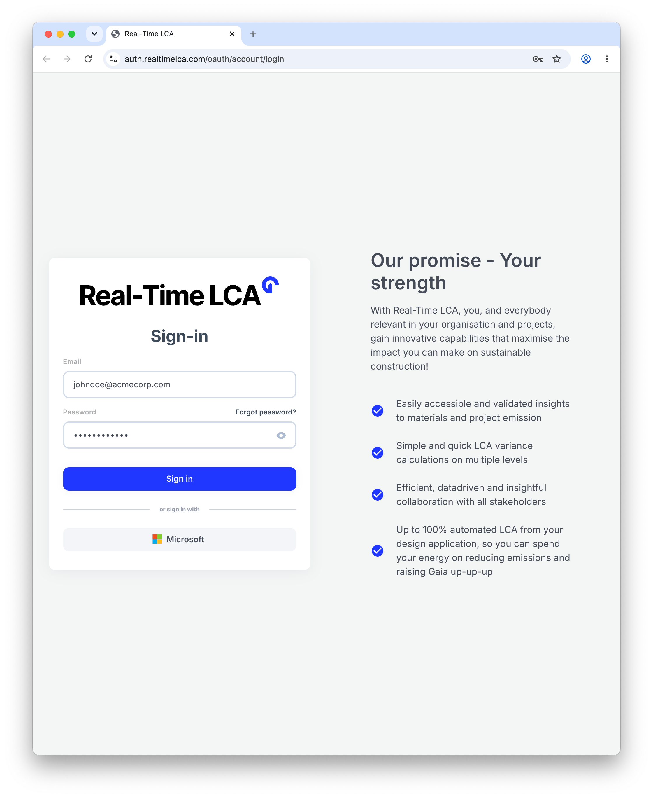 Real-Time LCA sign-in page with Email and Password fields.