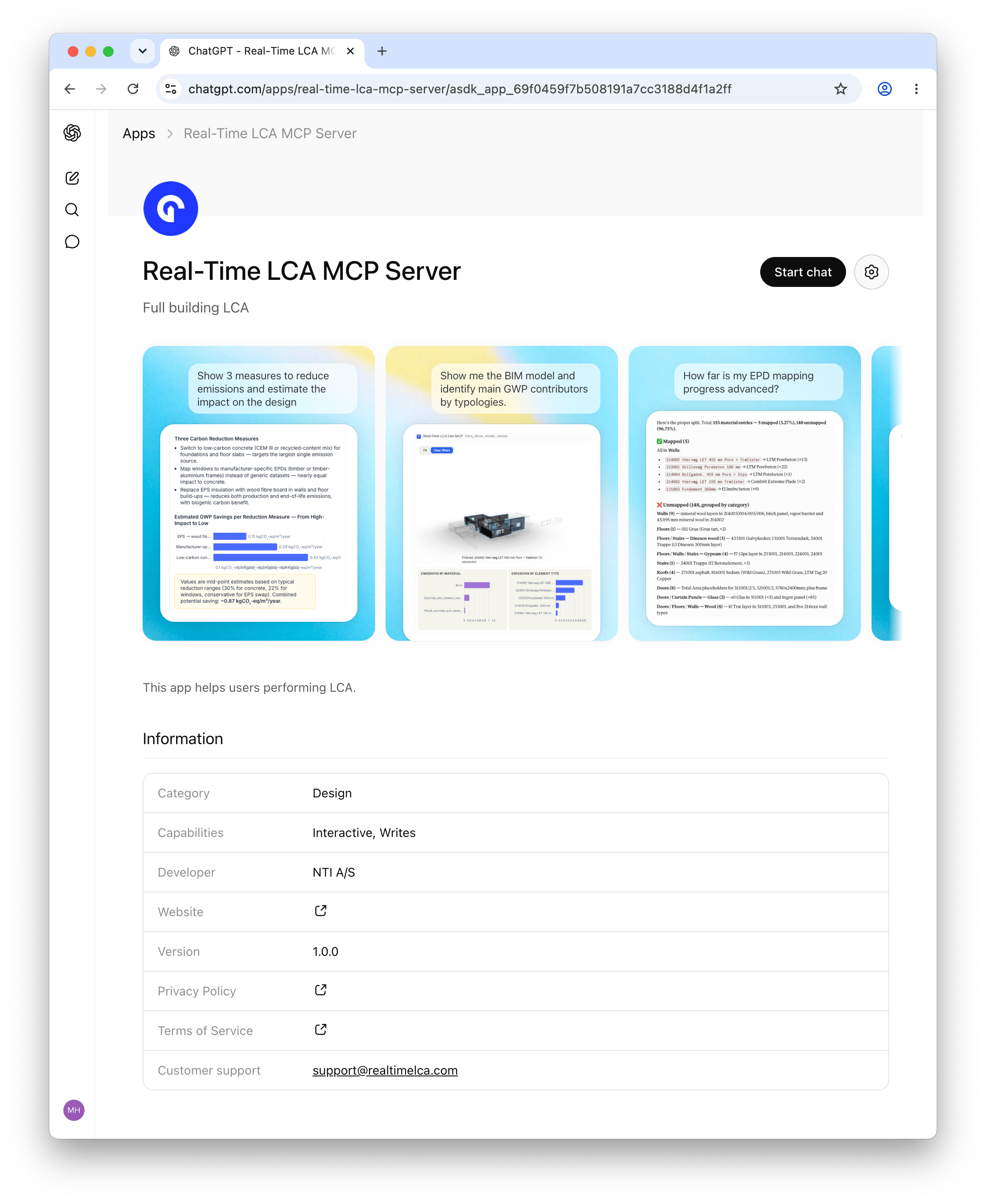 Real-Time LCA MCP Server listing in ChatGPT with a Start chat button and a gear icon to open settings.