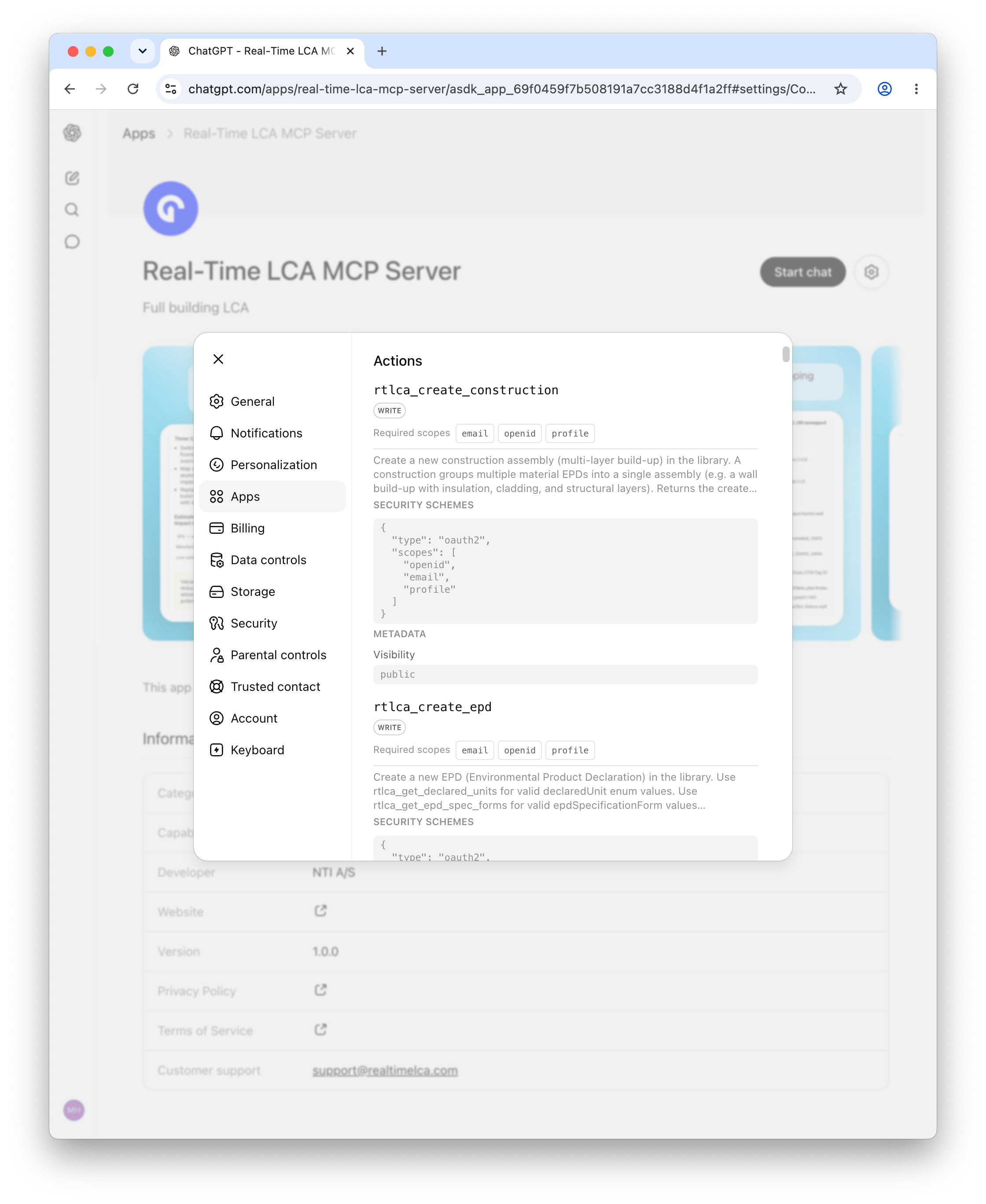 Actions panel listing rtlca_create_construction, rtlca_create_epd, and other Real-Time LCA MCP tools with their required scopes.