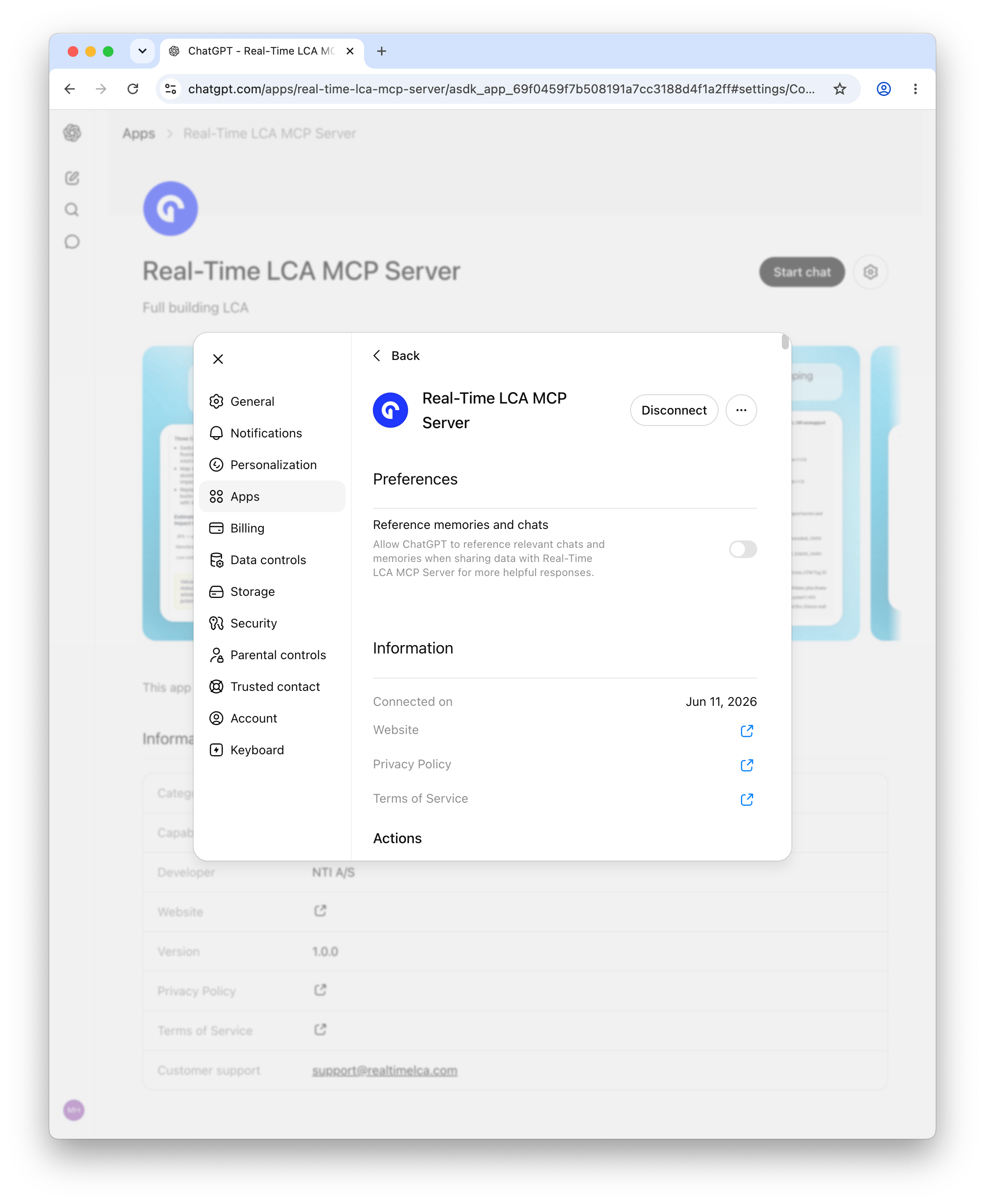 ChatGPT Apps settings showing Real-Time LCA MCP Server with Disconnect, Preferences, and Information sections.