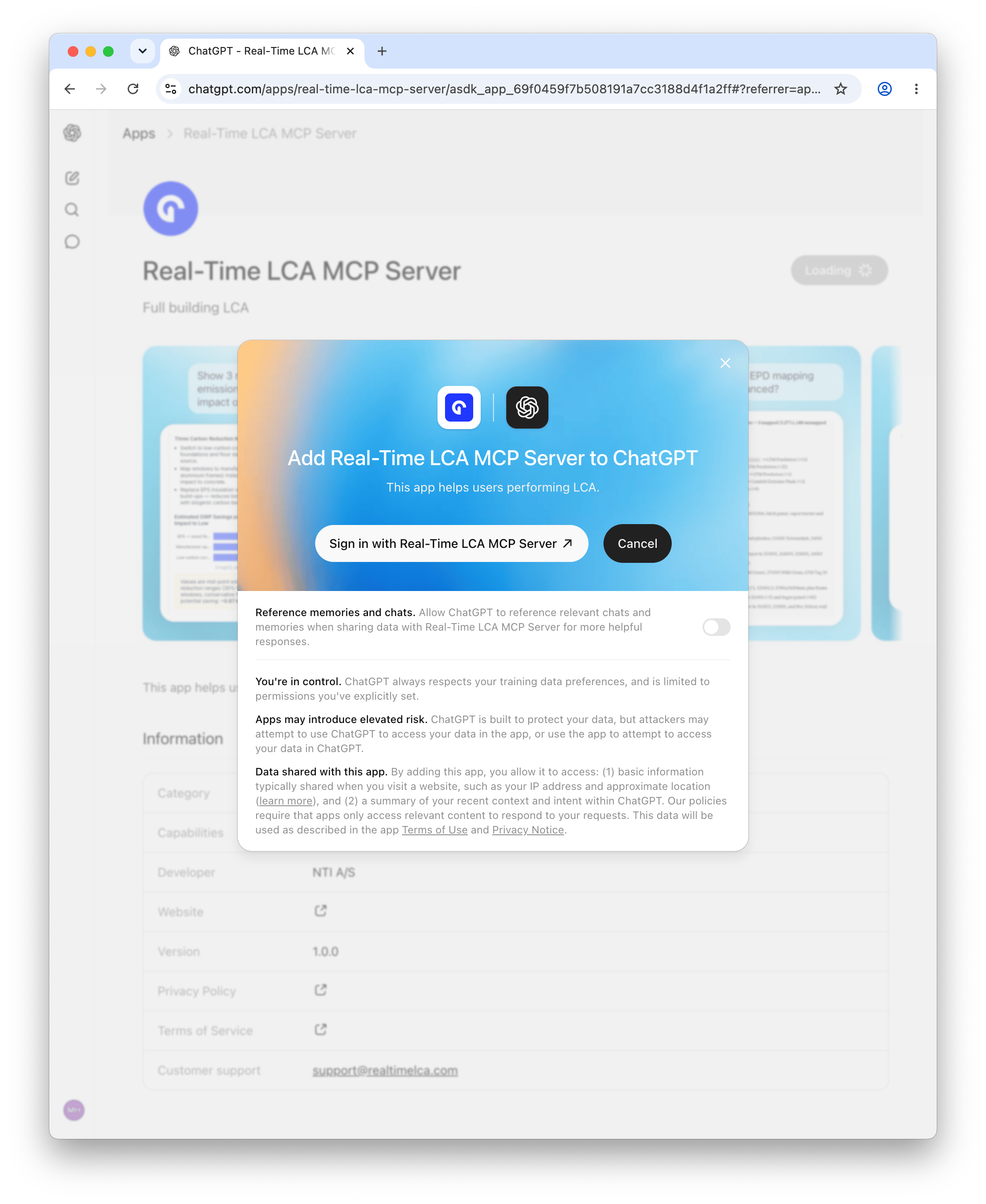 ChatGPT modal asking the user to add the Real-Time LCA MCP Server, with a Sign in button.