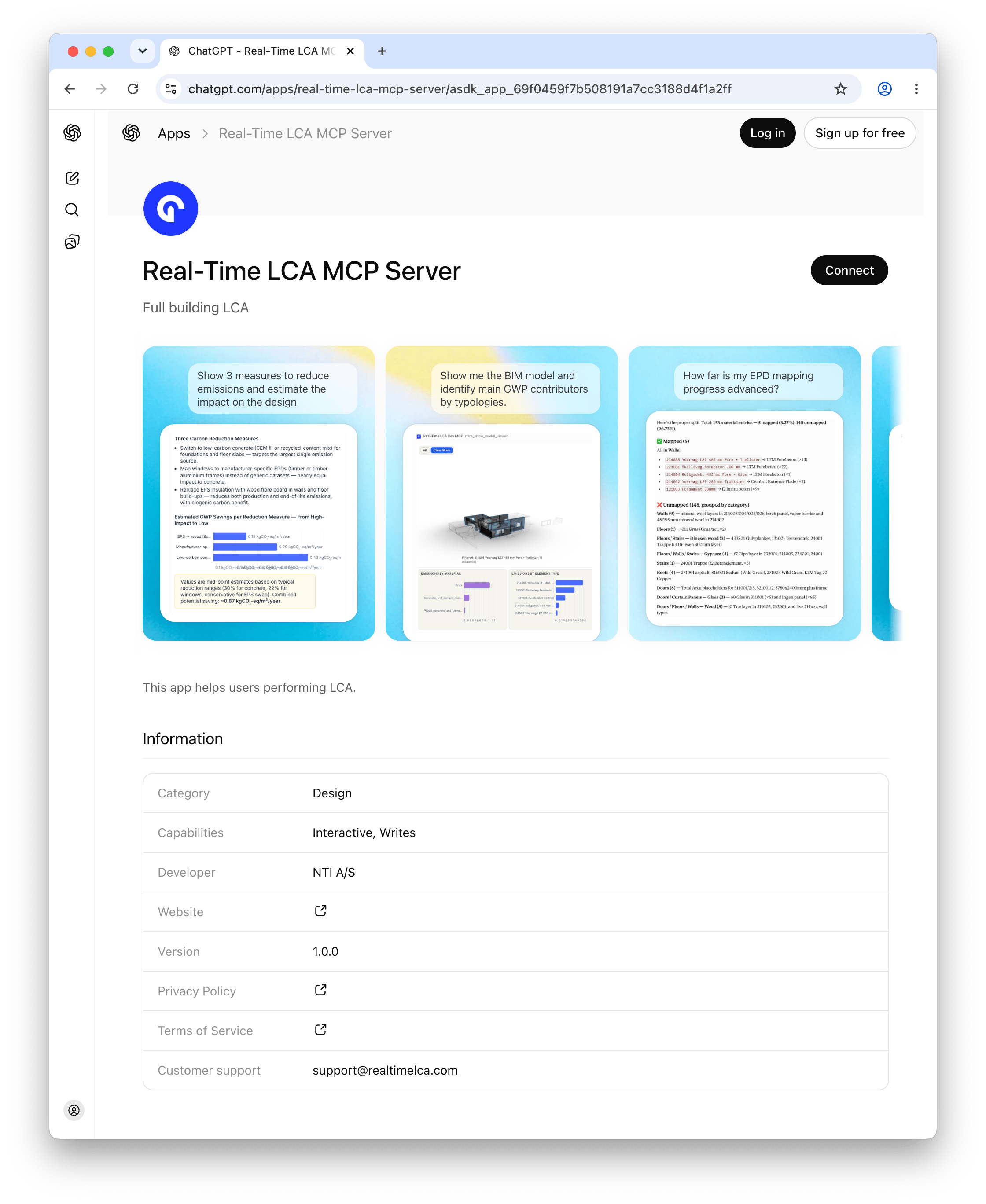 ChatGPT App Store listing for the Real-Time LCA MCP Server with a Connect button in the top right.