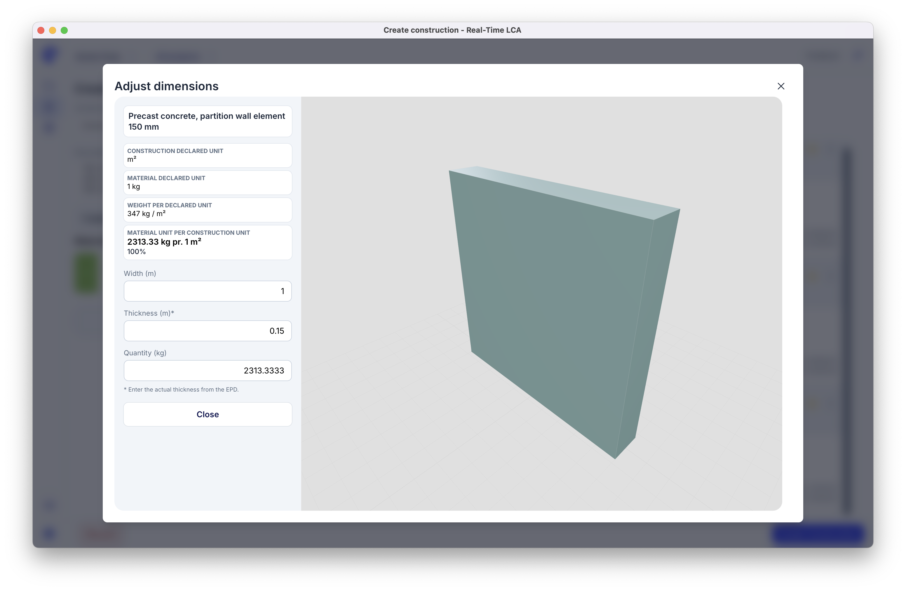 Adjust dimensions for a precast concrete panel, with width and thickness fields and the resulting quantity in kilograms.