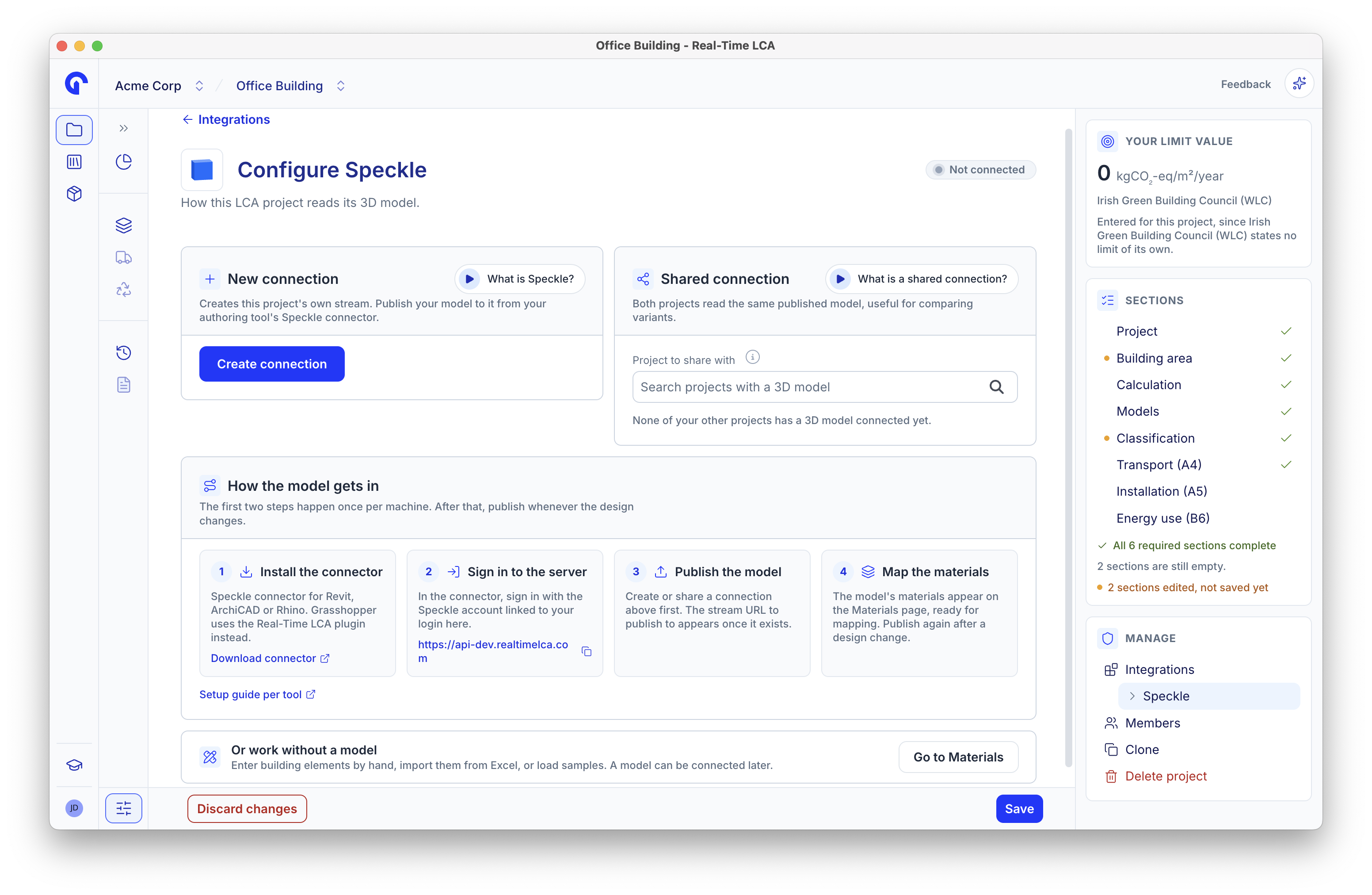 Configure Speckle page offering a new connection or a shared connection, with a four-step explanation of how the model gets in.