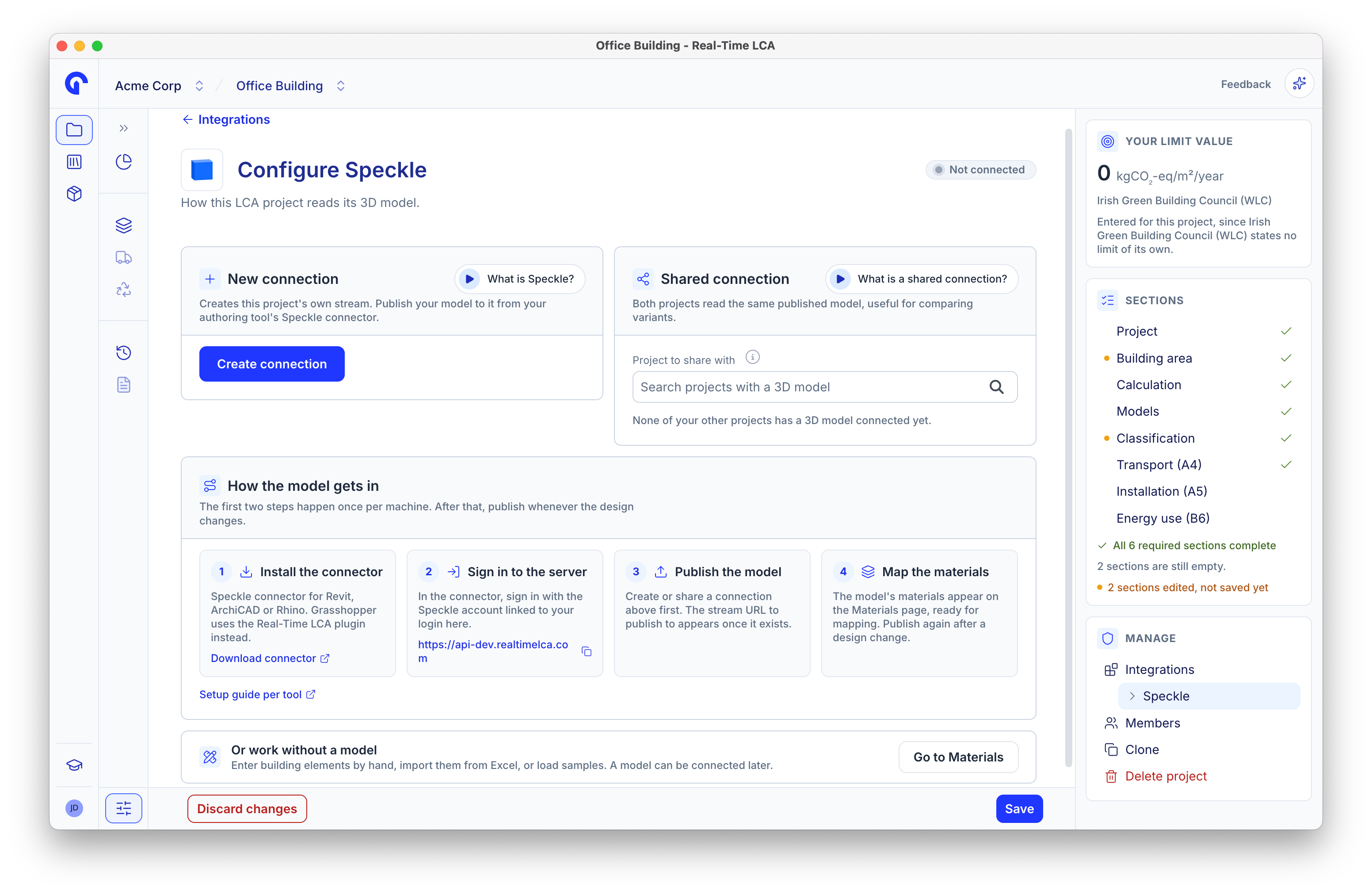 Configure Speckle page offering a new connection or a shared connection, with a four-step explanation of how the model gets in.
