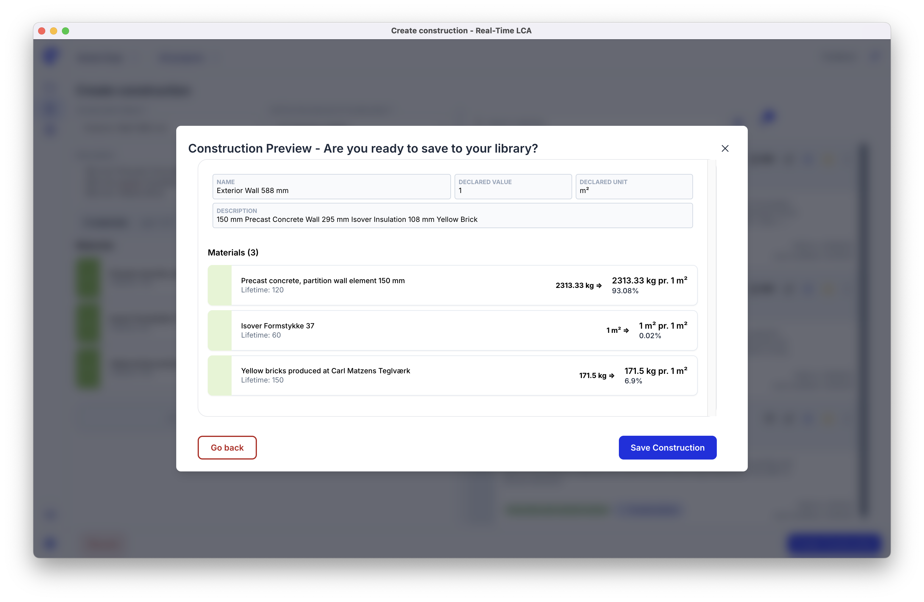 Construction preview dialog showing the name, declared value and unit, description, and the three materials with their lifetimes and shares.