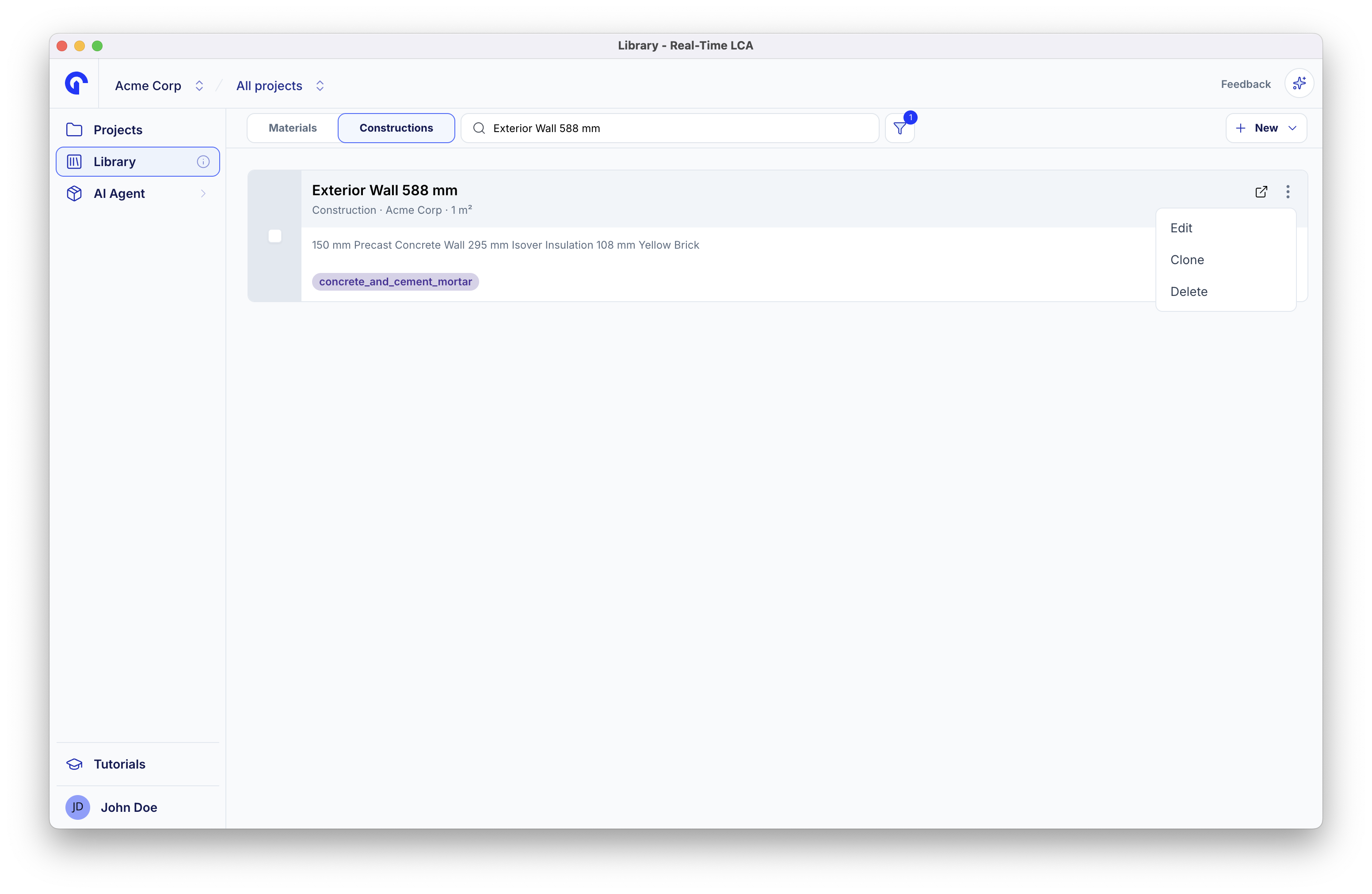Construction row with its overflow menu open, offering Edit, Clone, and Delete.