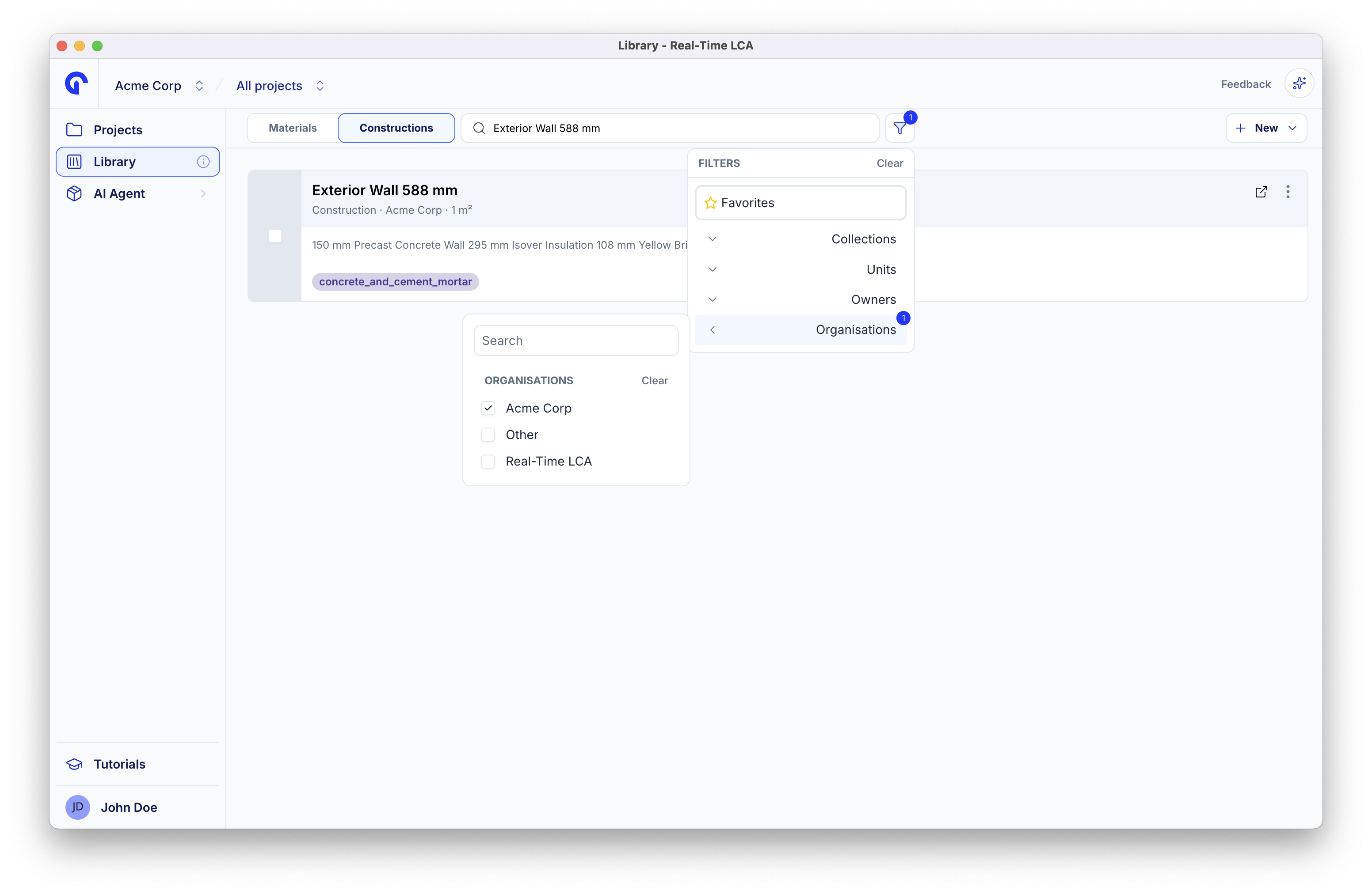 Constructions tab with the filters panel open showing favorites, collections, units, owners, and organisations.