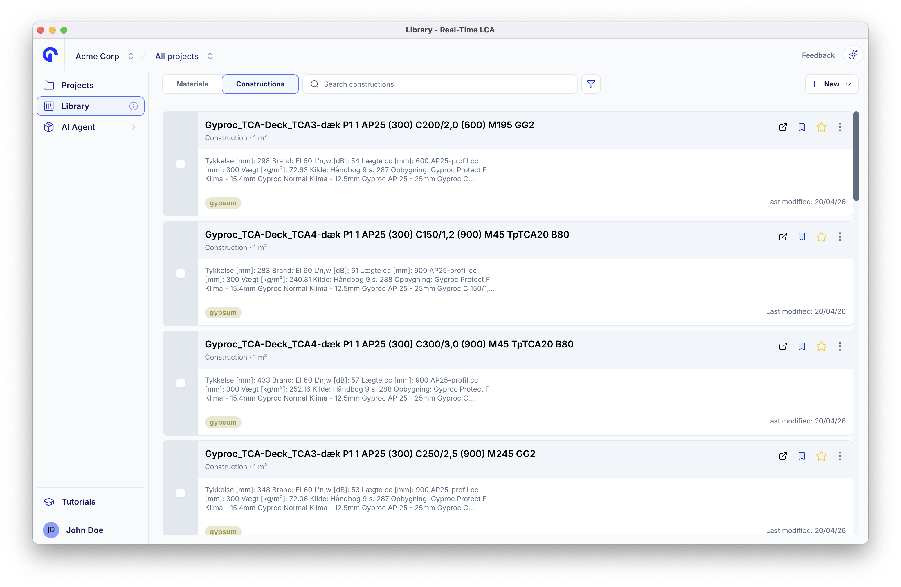 Constructions tab listing build-ups with their declared unit, layer description, category tag, and last modified date.