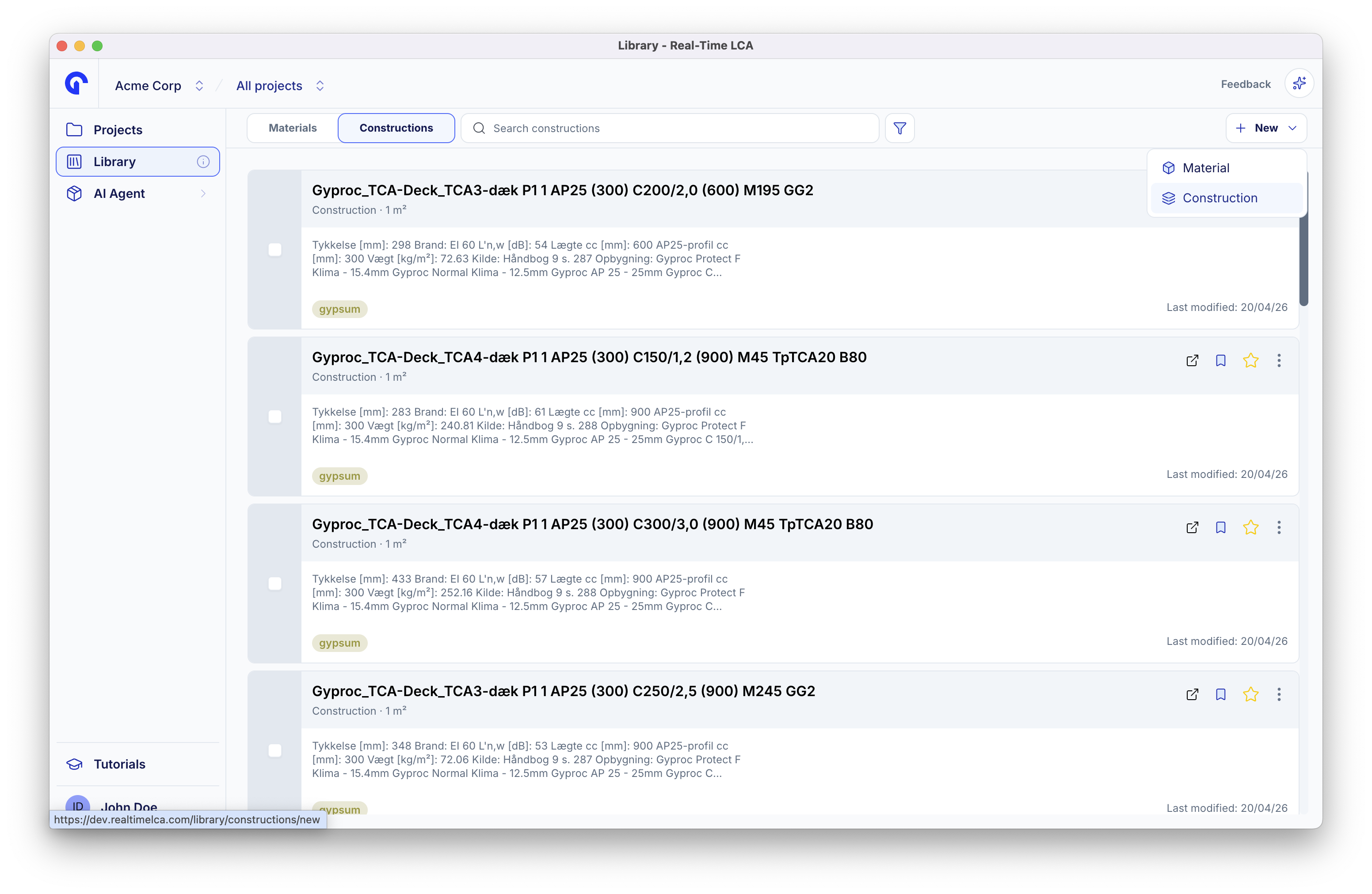Constructions tab with the New menu open, offering Material and Construction.