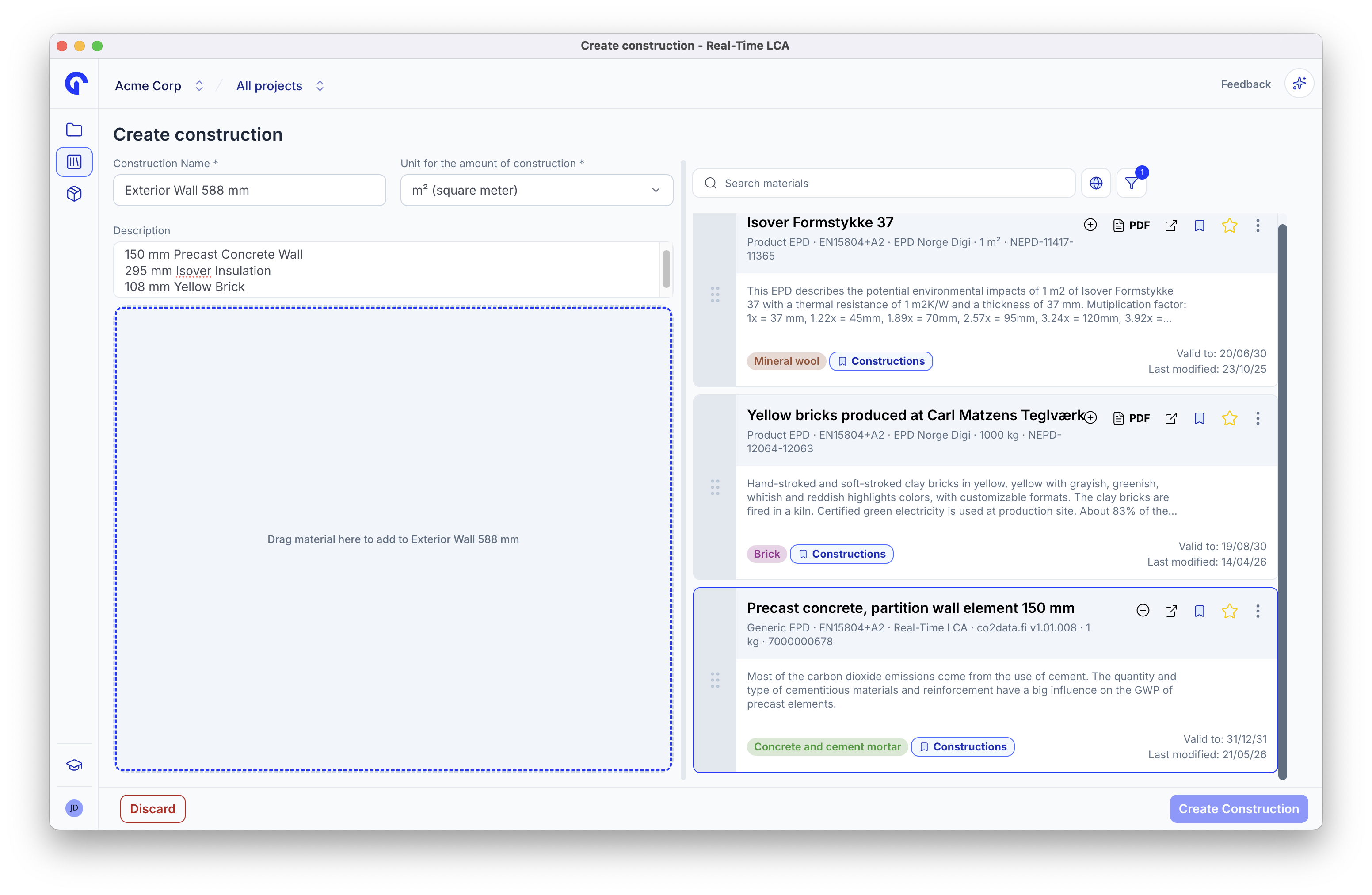 Create construction page with the drop zone active and matching materials listed in the library on the right.