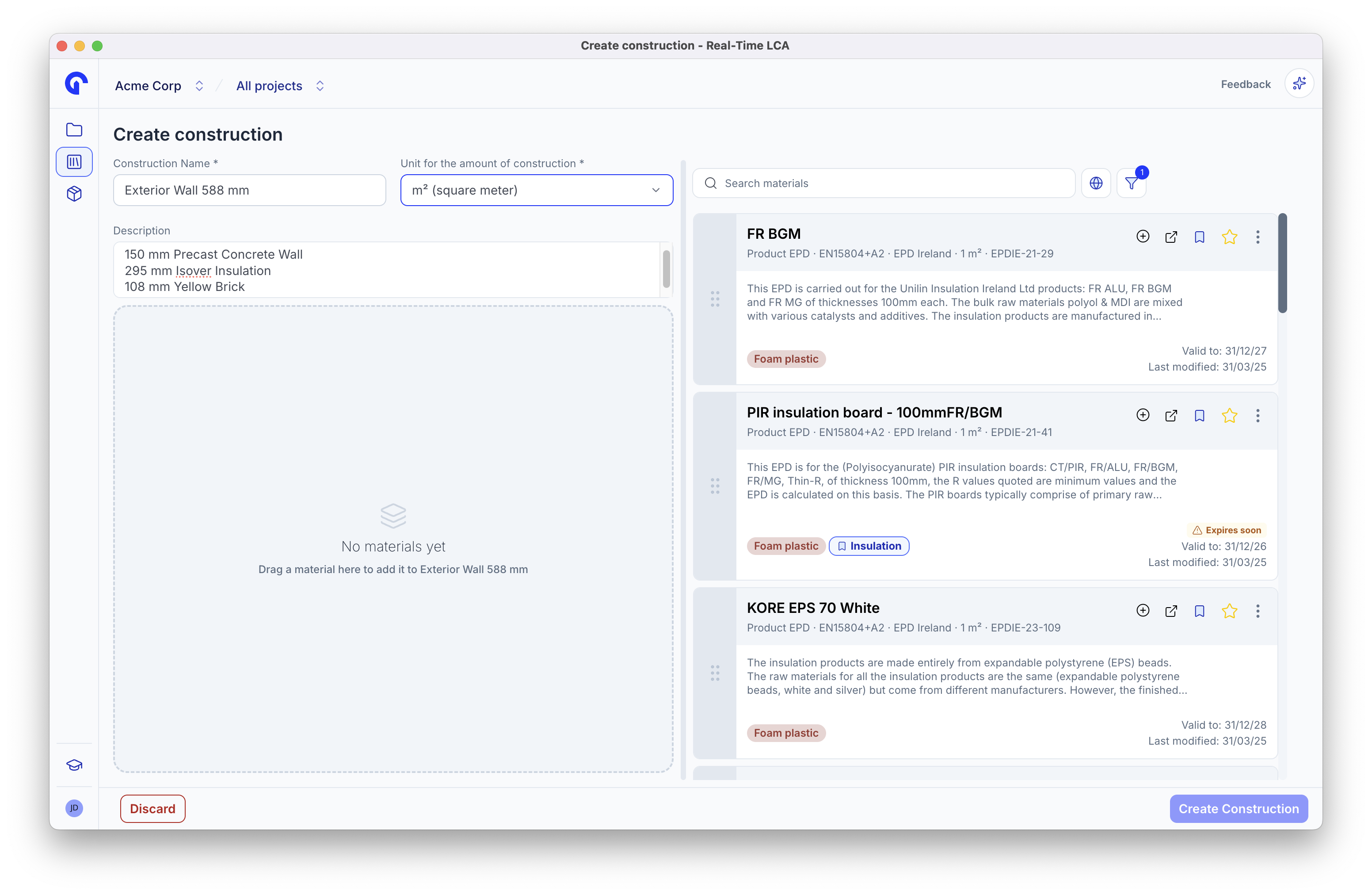 Create construction page with the name and unit fields at the top, an empty materials area, and the searchable materials library on the right.