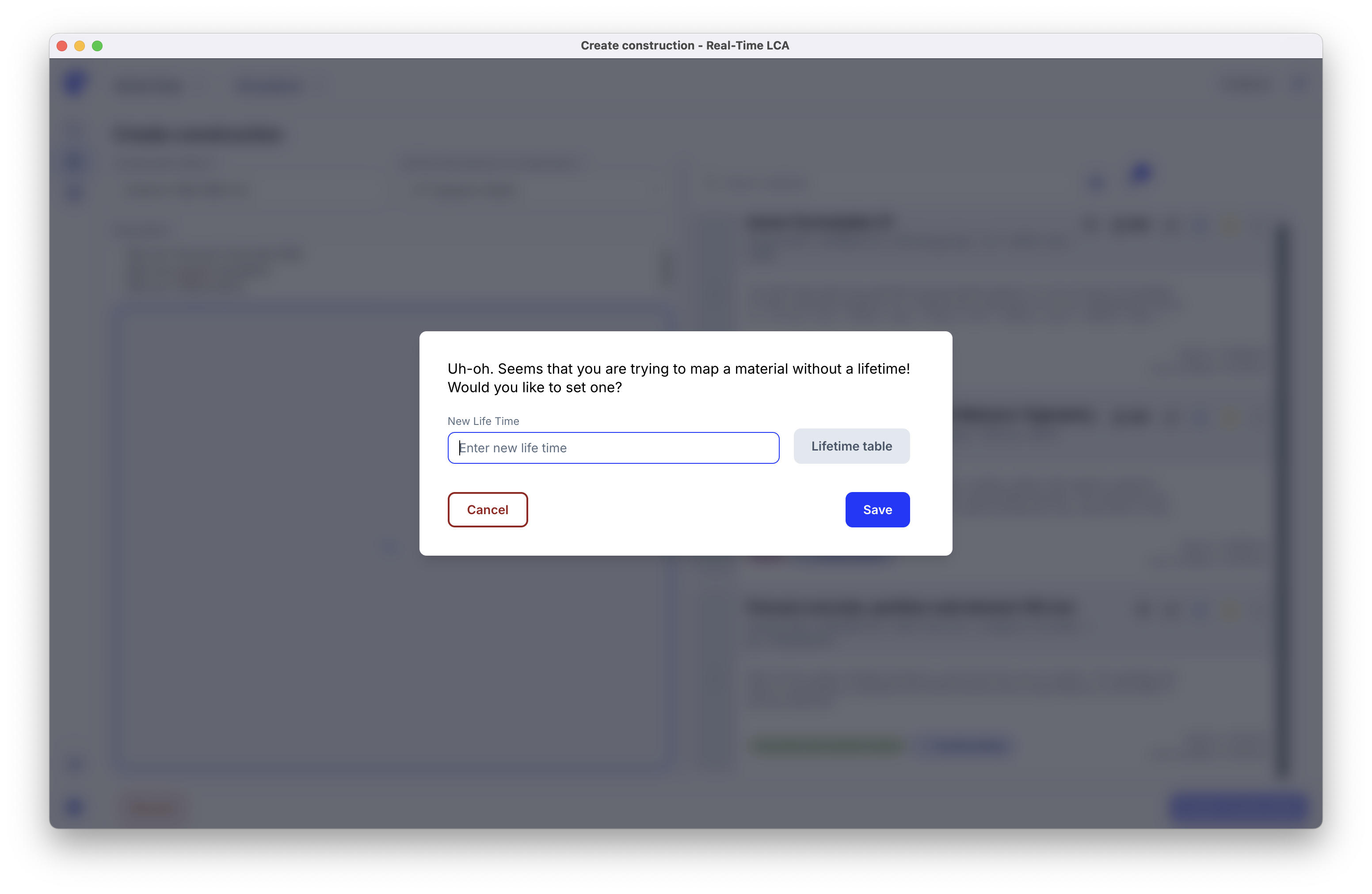 Dialog warning that a material has no lifetime, with a field to enter one and a link to the lifetime table.