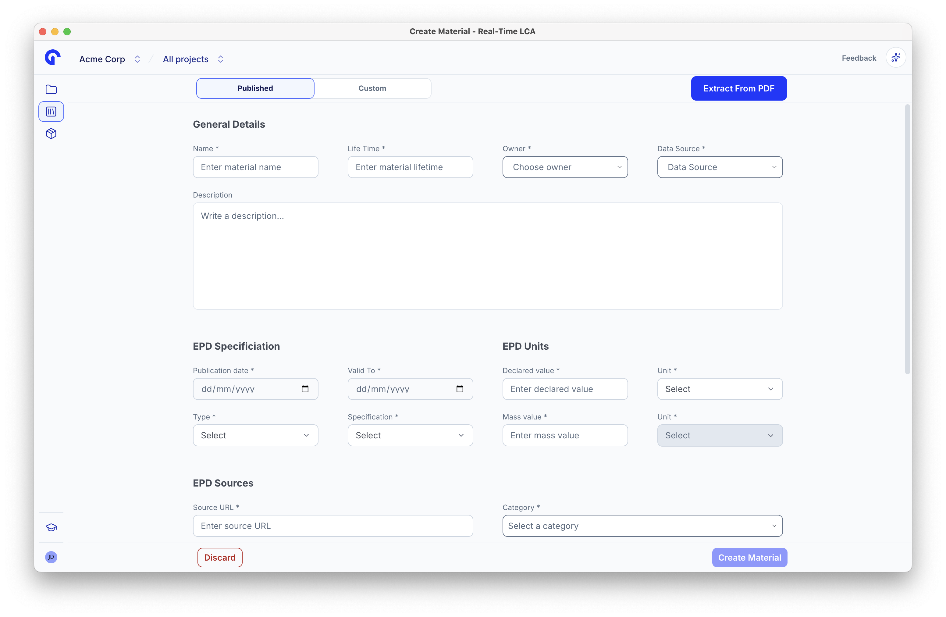 Create Material form with the Published tab selected, an Extract From PDF action, and the General Details, EPD Specification, EPD Units, and EPD Sources sections.