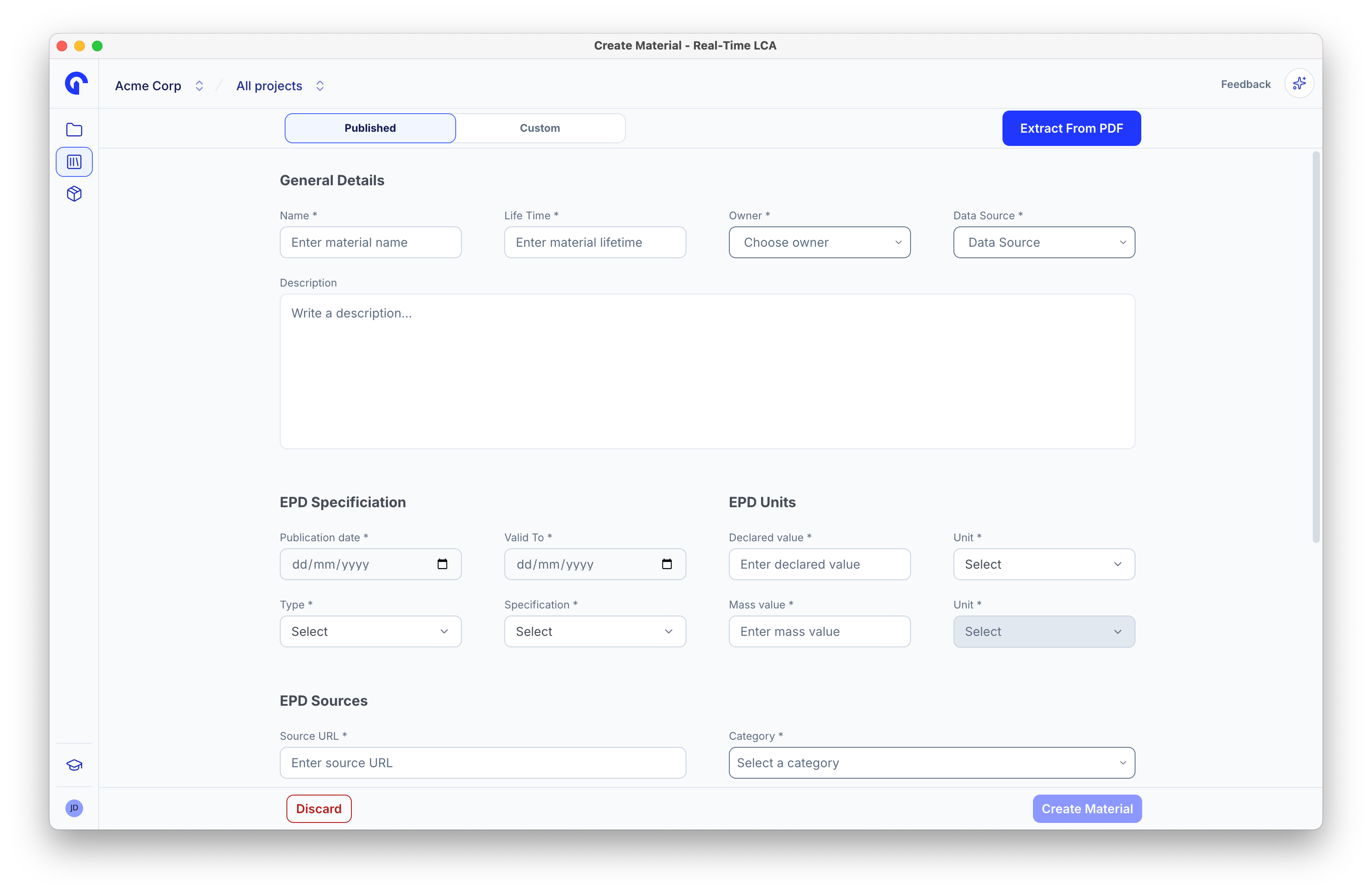 Create Material form with the Published tab selected, an Extract From PDF action, and the General Details, EPD Specification, EPD Units, and EPD Sources sections.