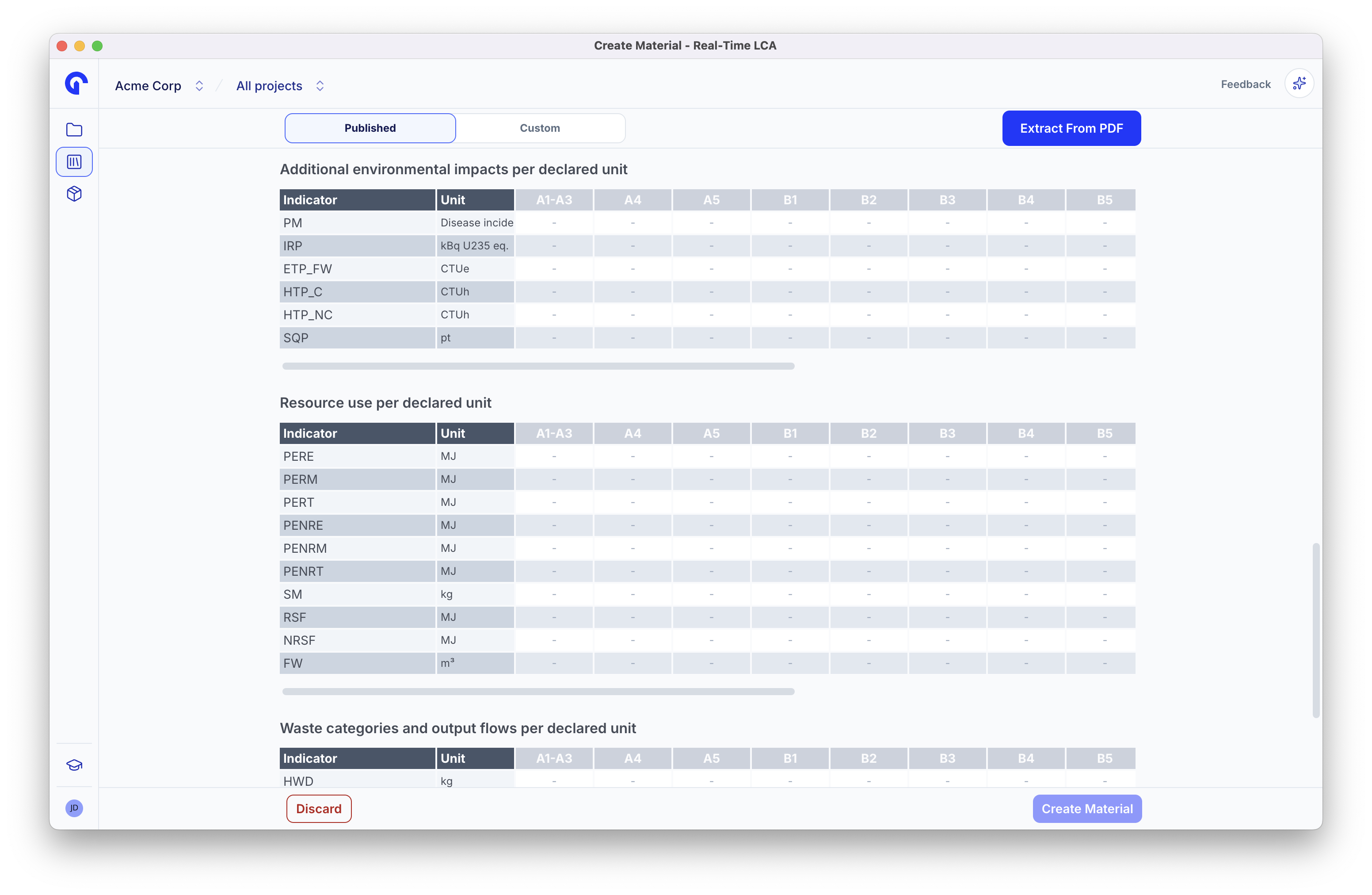 Additional environmental impacts, resource use, and waste categories tables on the Published form, each with a column per life-cycle module.