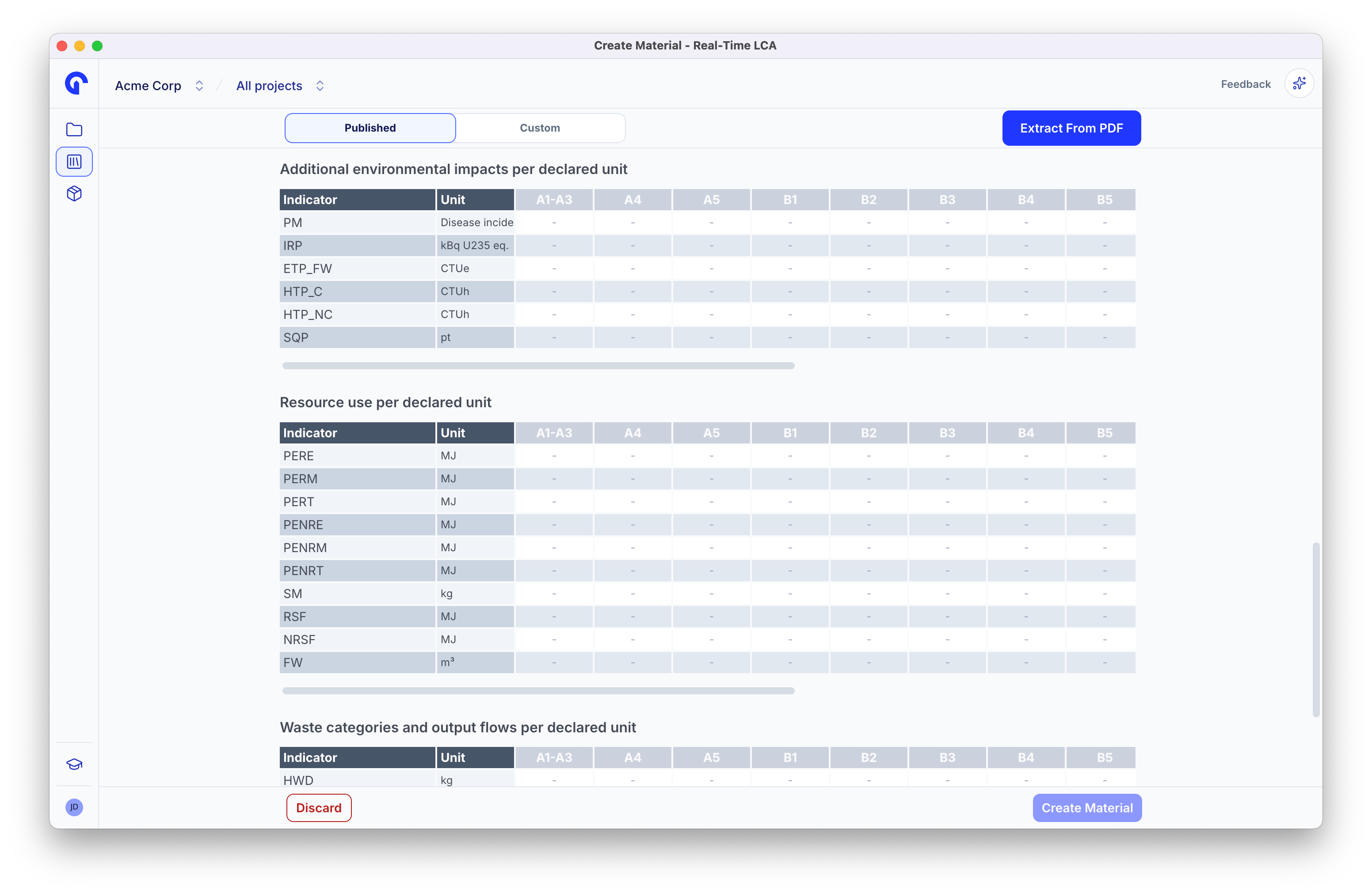 Additional environmental impacts, resource use, and waste categories tables on the Published form, each with a column per life-cycle module.