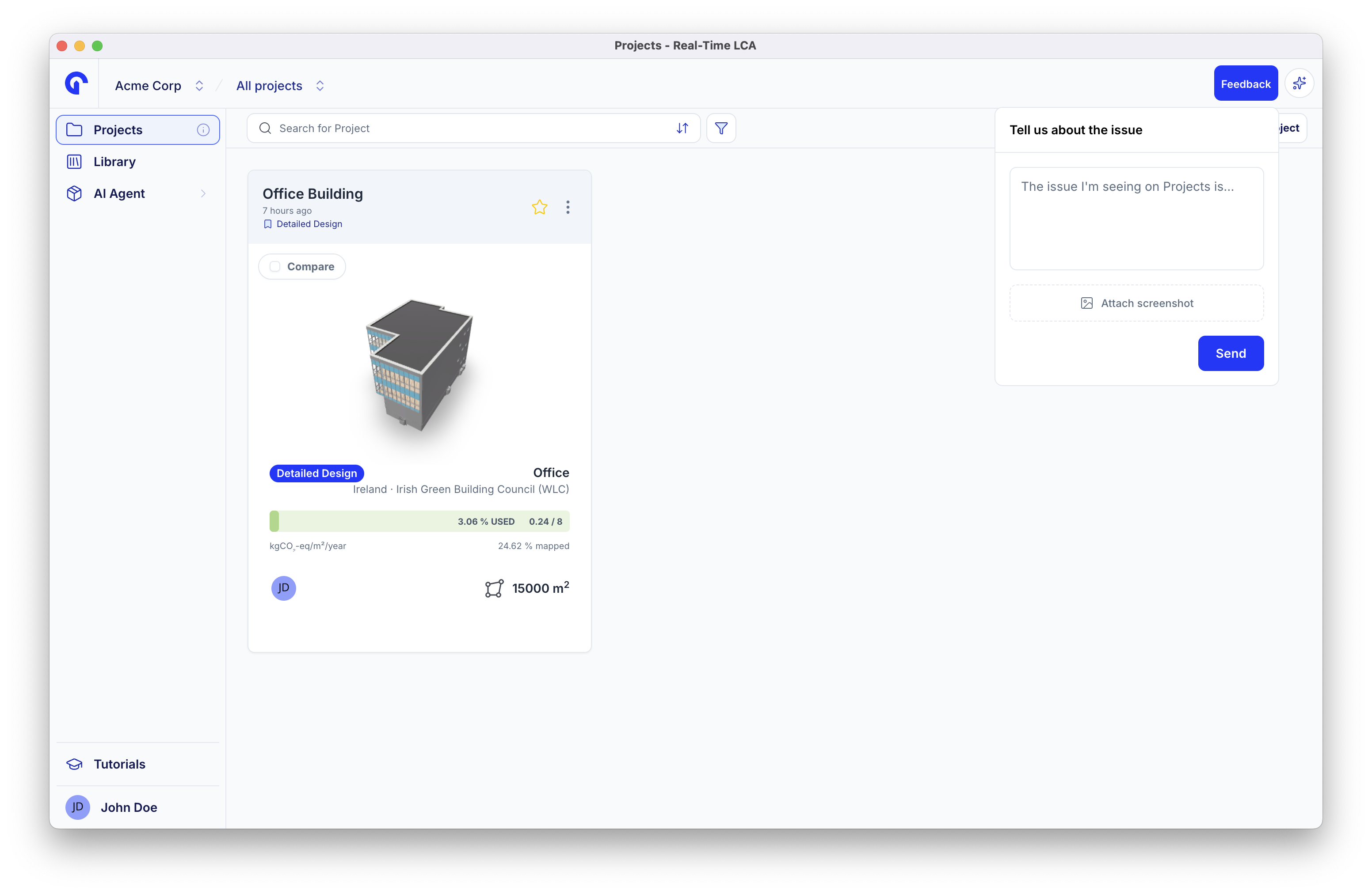 Tell us about the issue form with a message field, an attach screenshot button, and a send button.