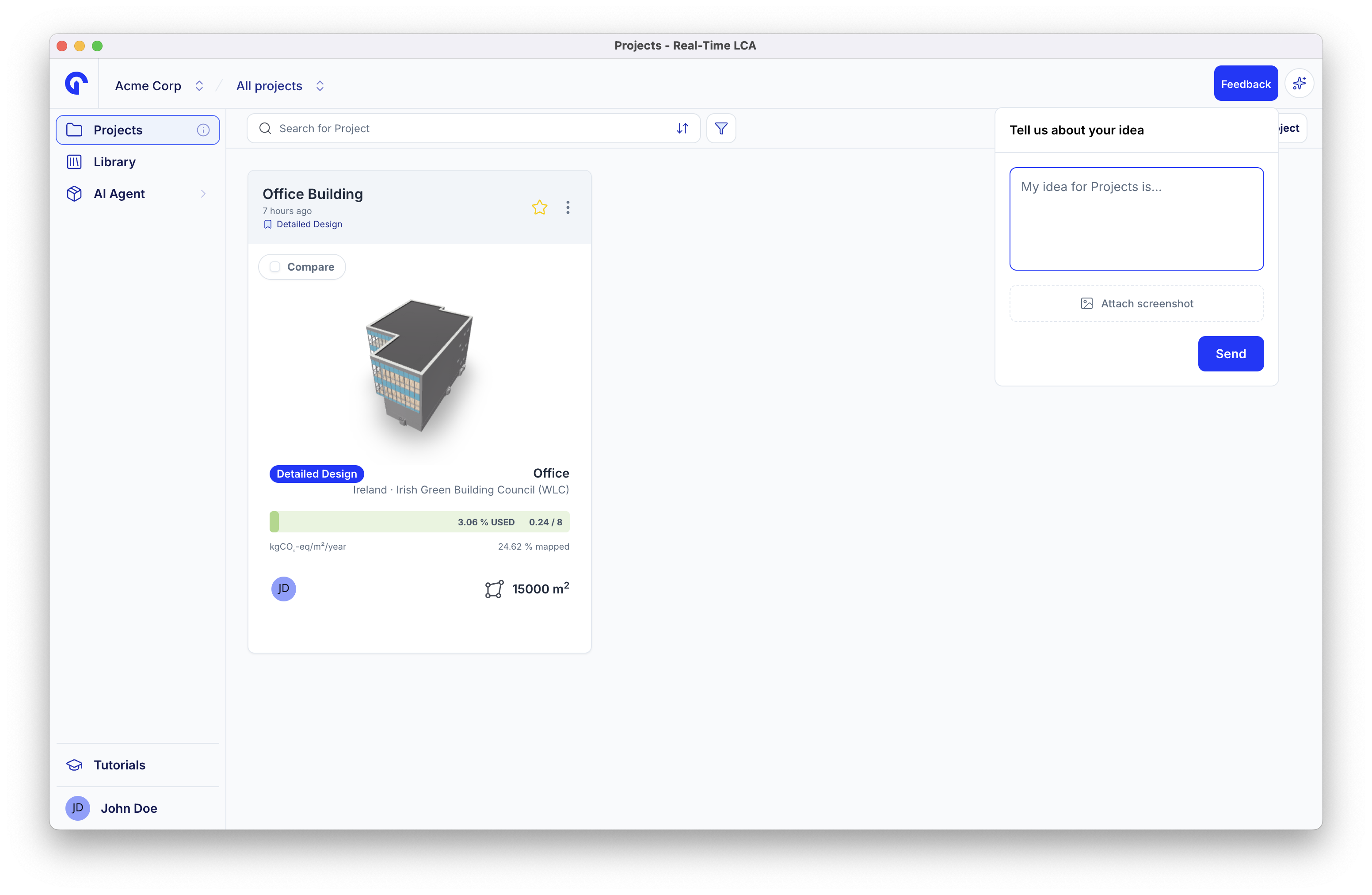 Tell us about your idea form with a message field, an attach screenshot button, and a send button.