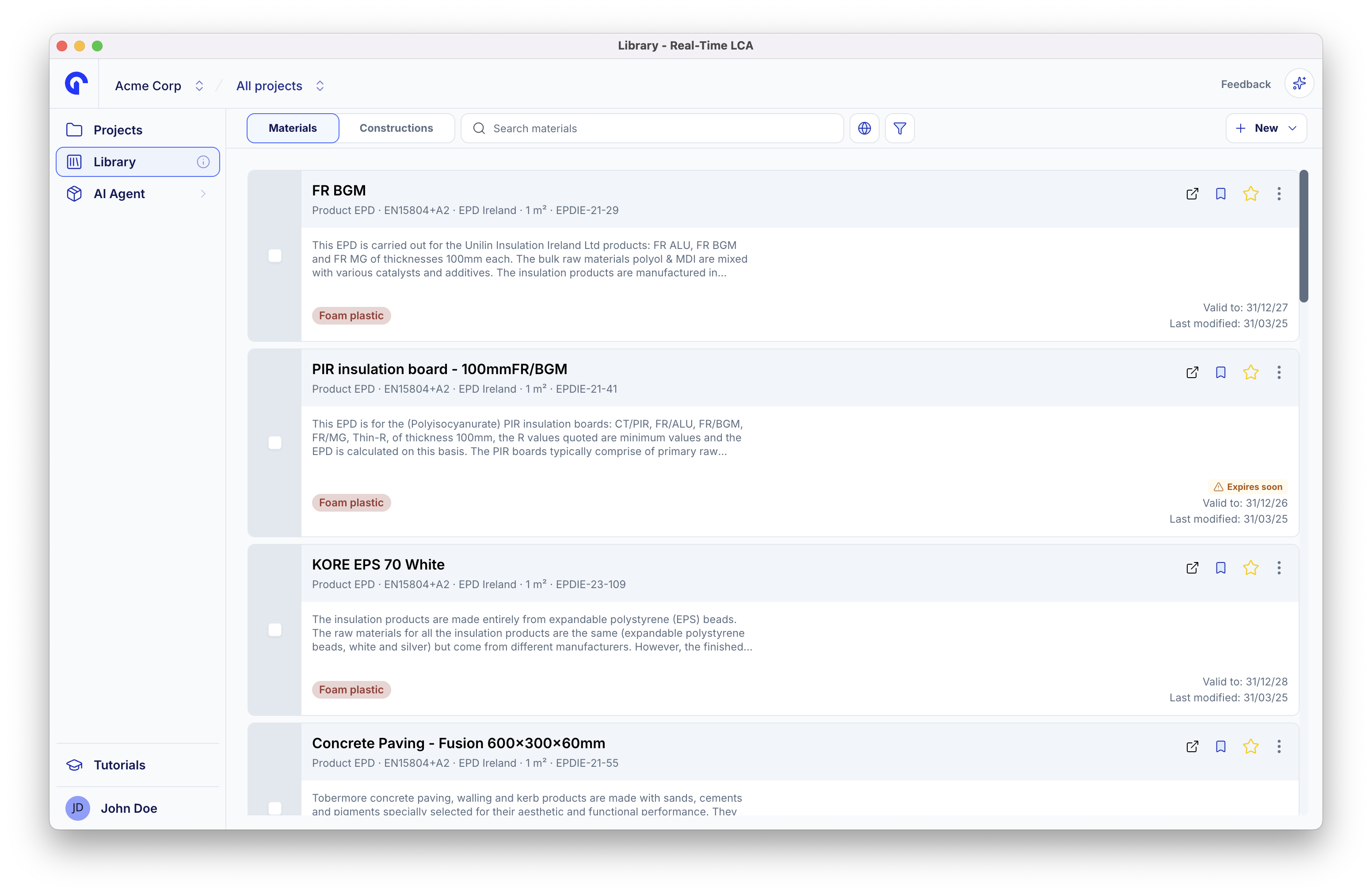 Library page on the Materials tab, listing EPDs with their type, standard, validity, and category, and a New button in the top right.