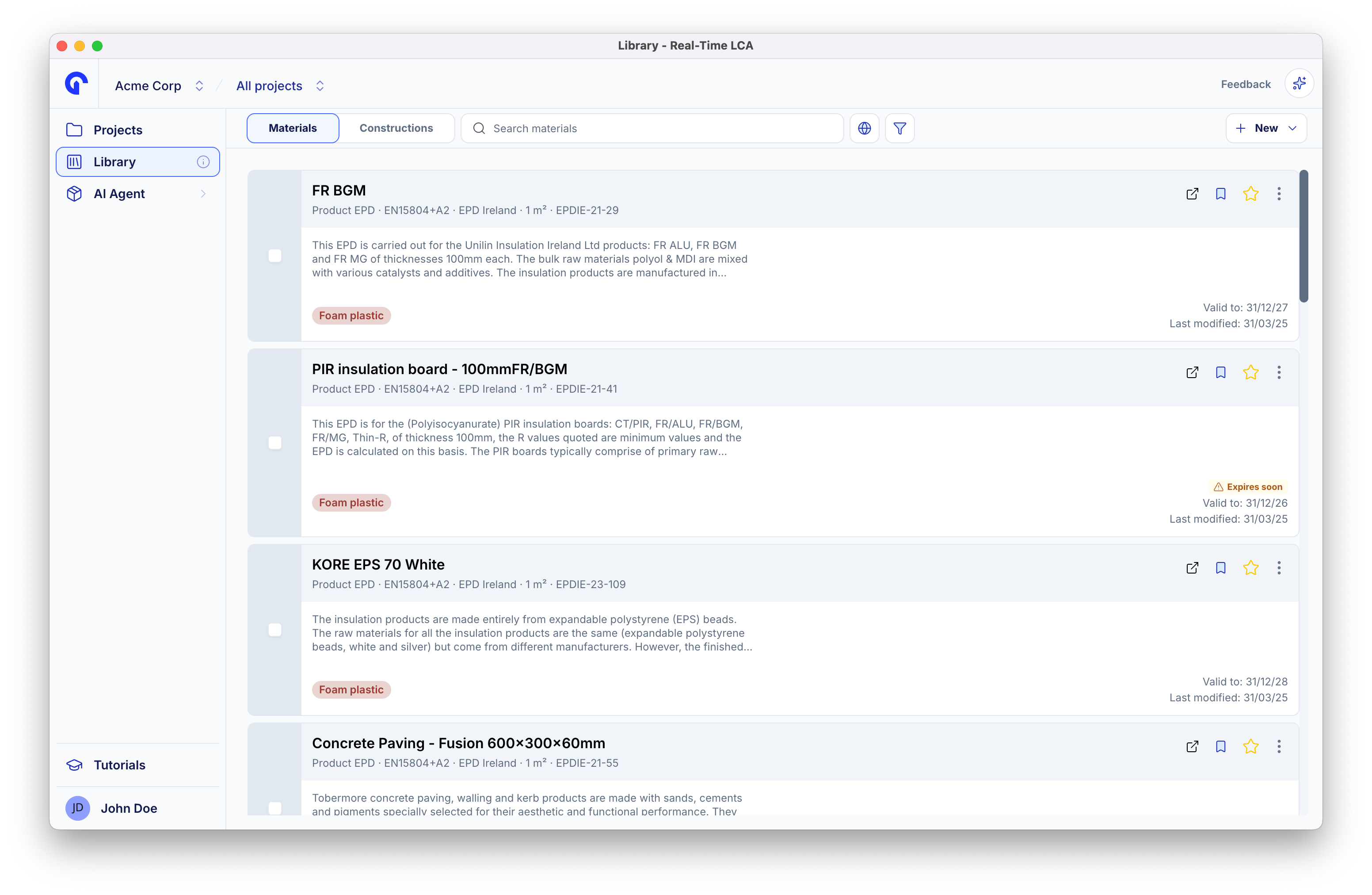 Library page on the Materials tab, listing EPDs with their type, standard, validity, and category, and a New button in the top right.