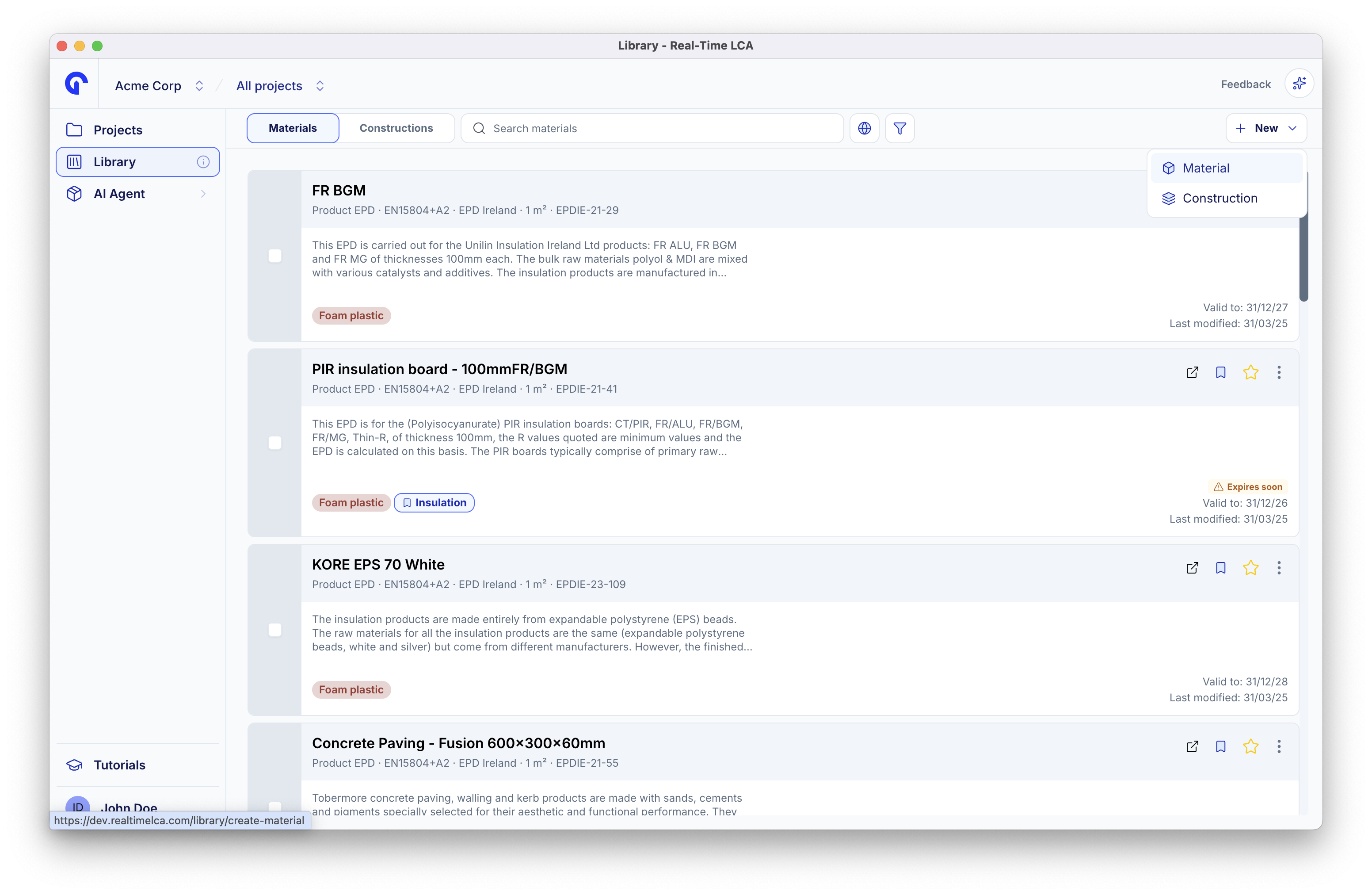 Library toolbar with the New menu open, offering Material and Construction.