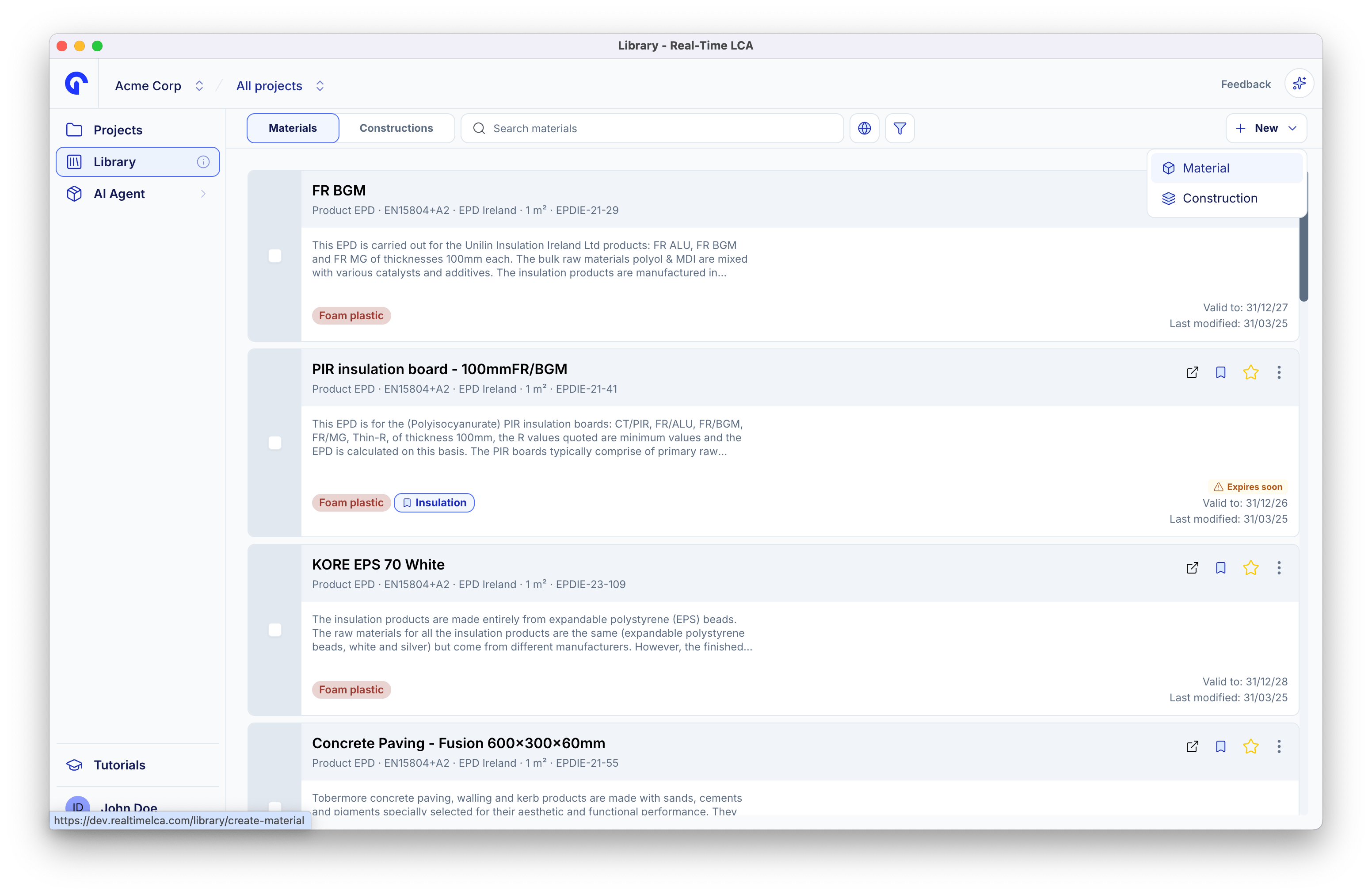 Library toolbar with the New menu open, offering Material and Construction.