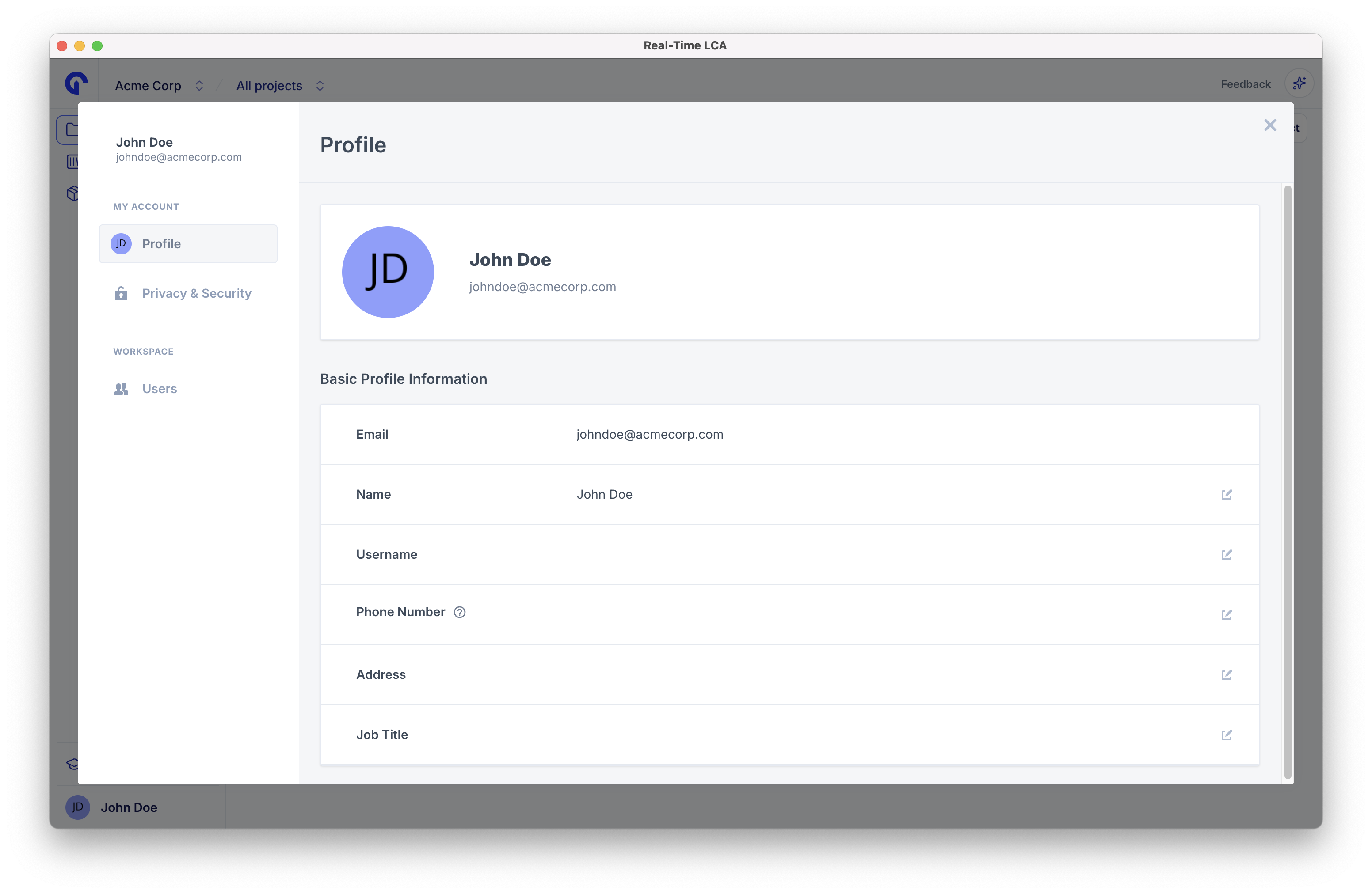 Profile settings with basic profile information — email, name, username, phone number, address, and job title — each editable in place.