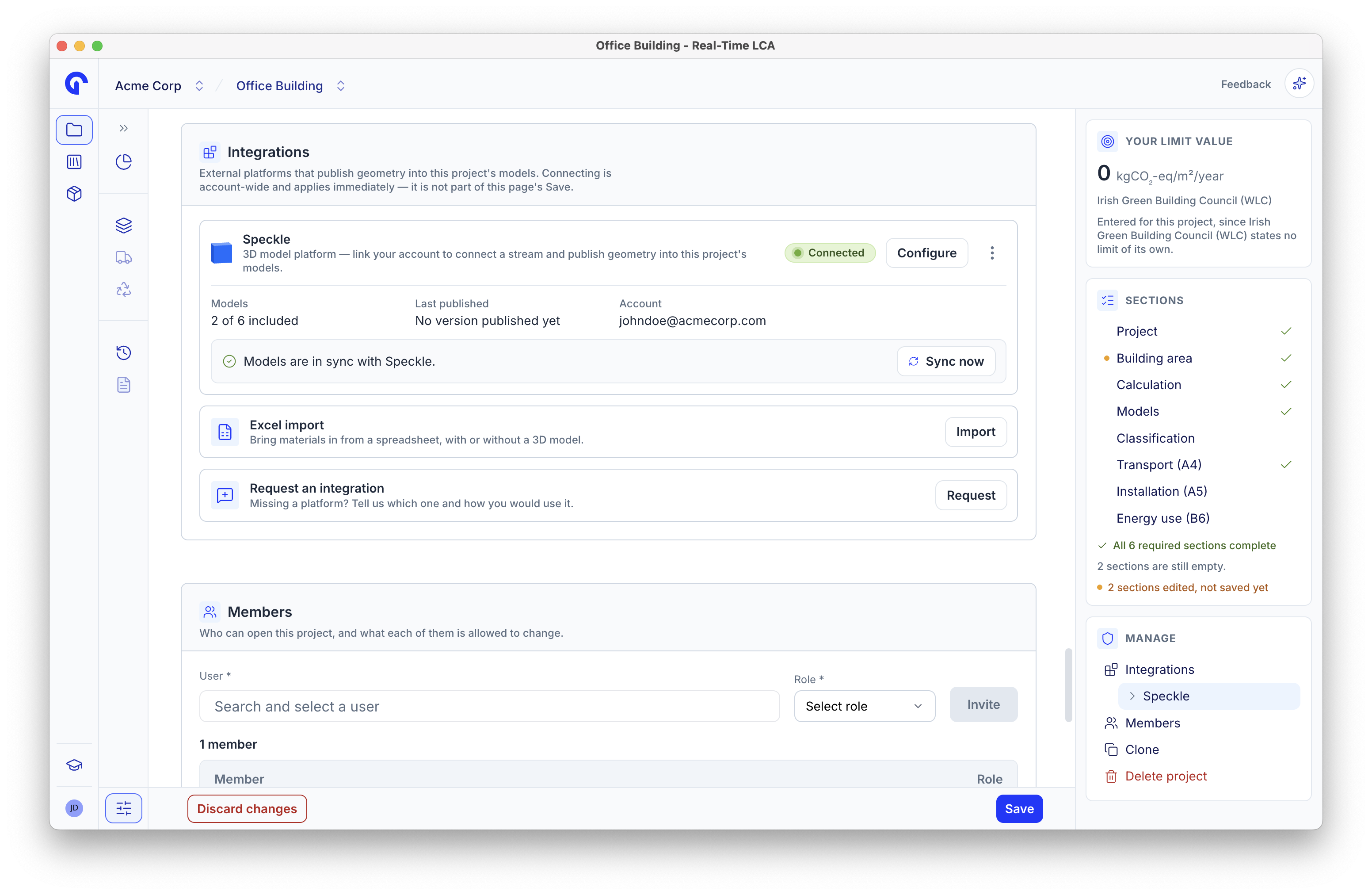 Integrations section with Speckle connected, showing models in sync and a Sync now button.