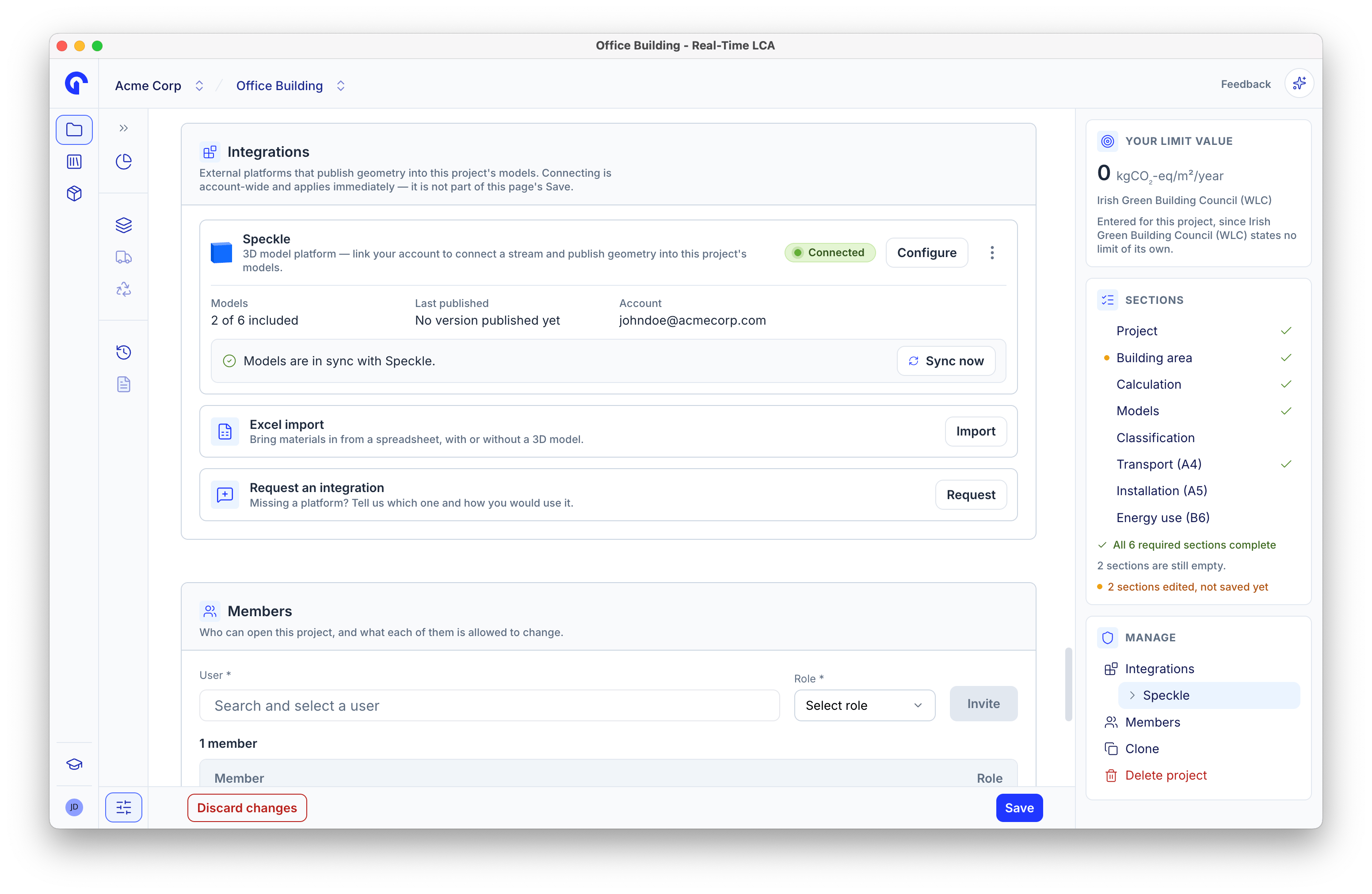Integrations section with Speckle connected, showing models in sync and a Sync now button.