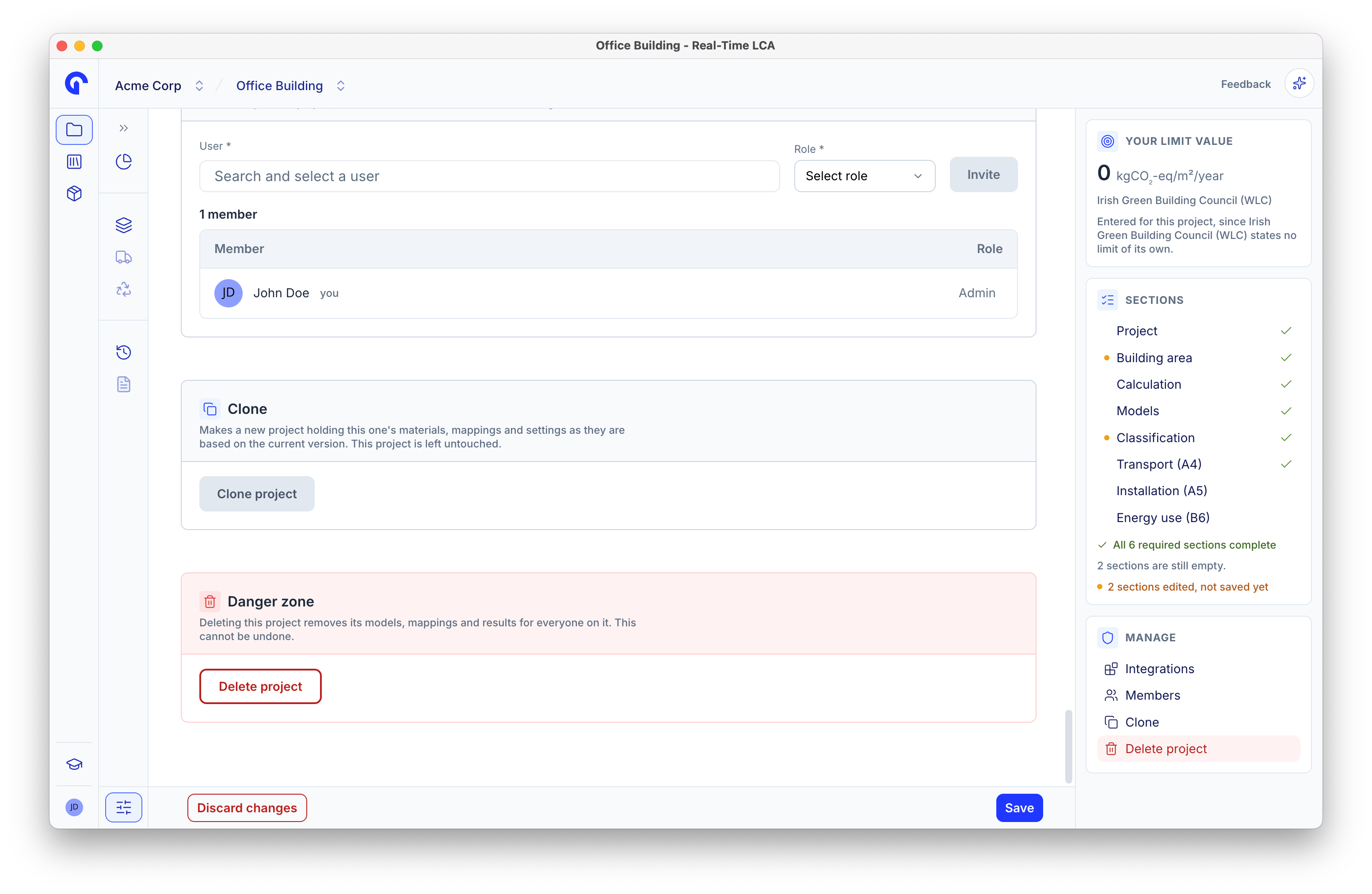 Danger zone section with the delete project button.