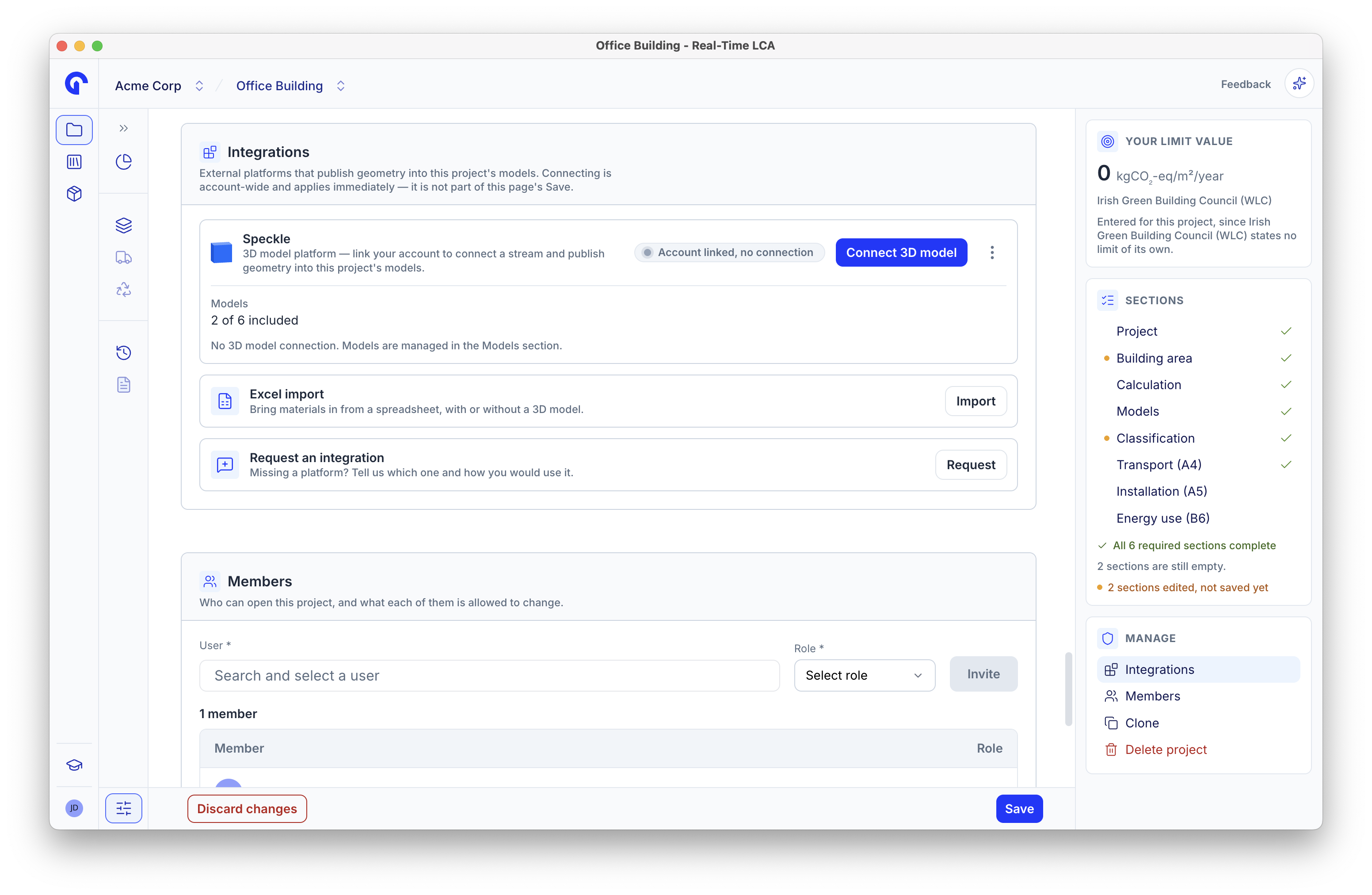 Integrations section listing Speckle, Excel import, and a request an integration option.
