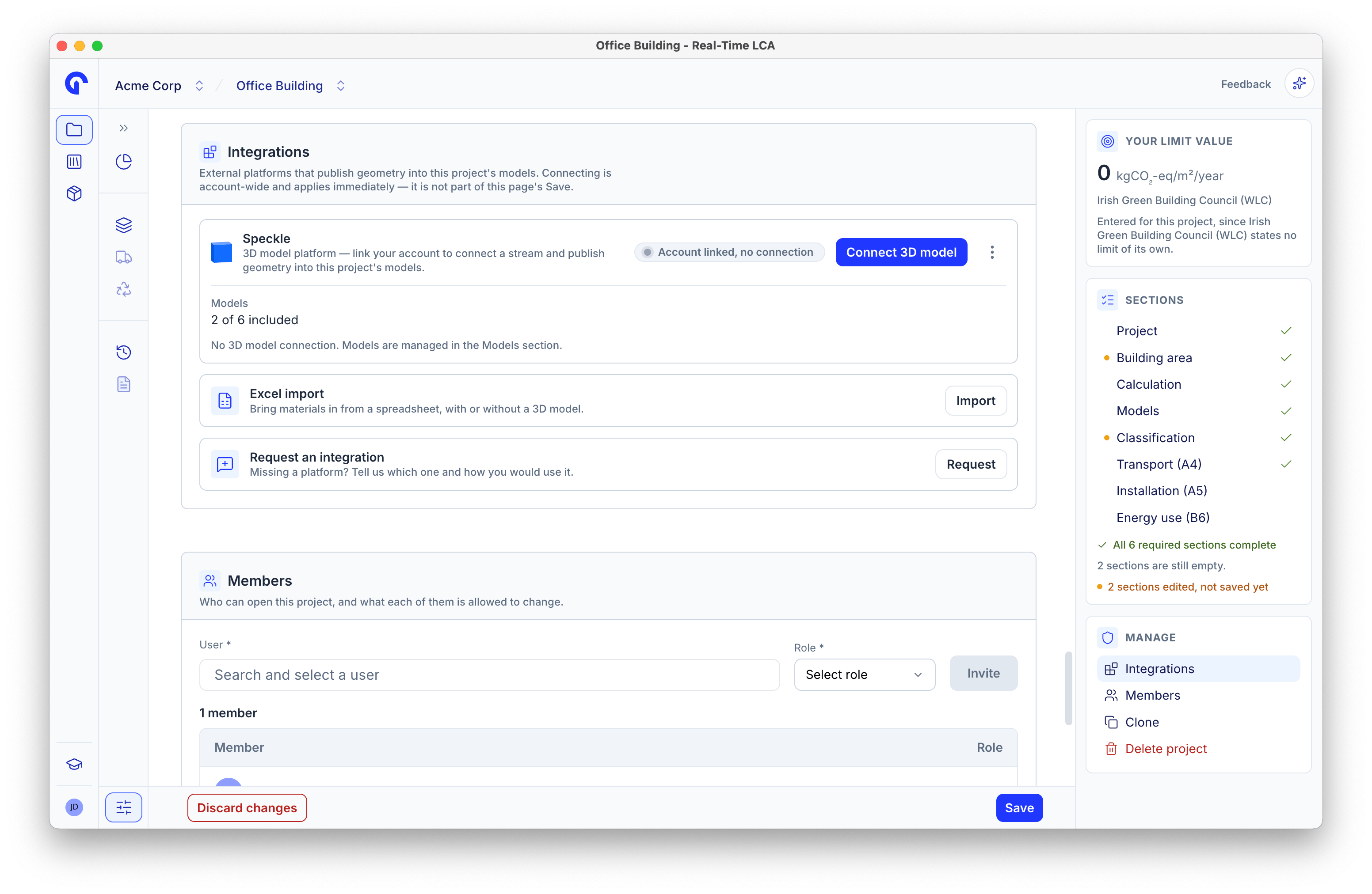 Integrations section listing Speckle, Excel import, and a request an integration option.