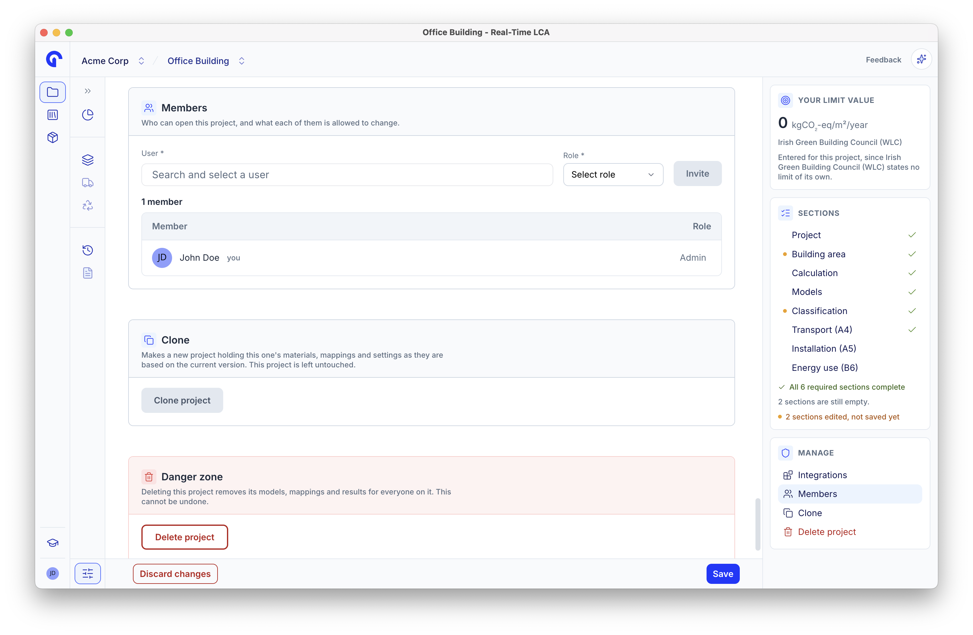 Members section with a user search, a role dropdown, an Invite button, and the current member list.