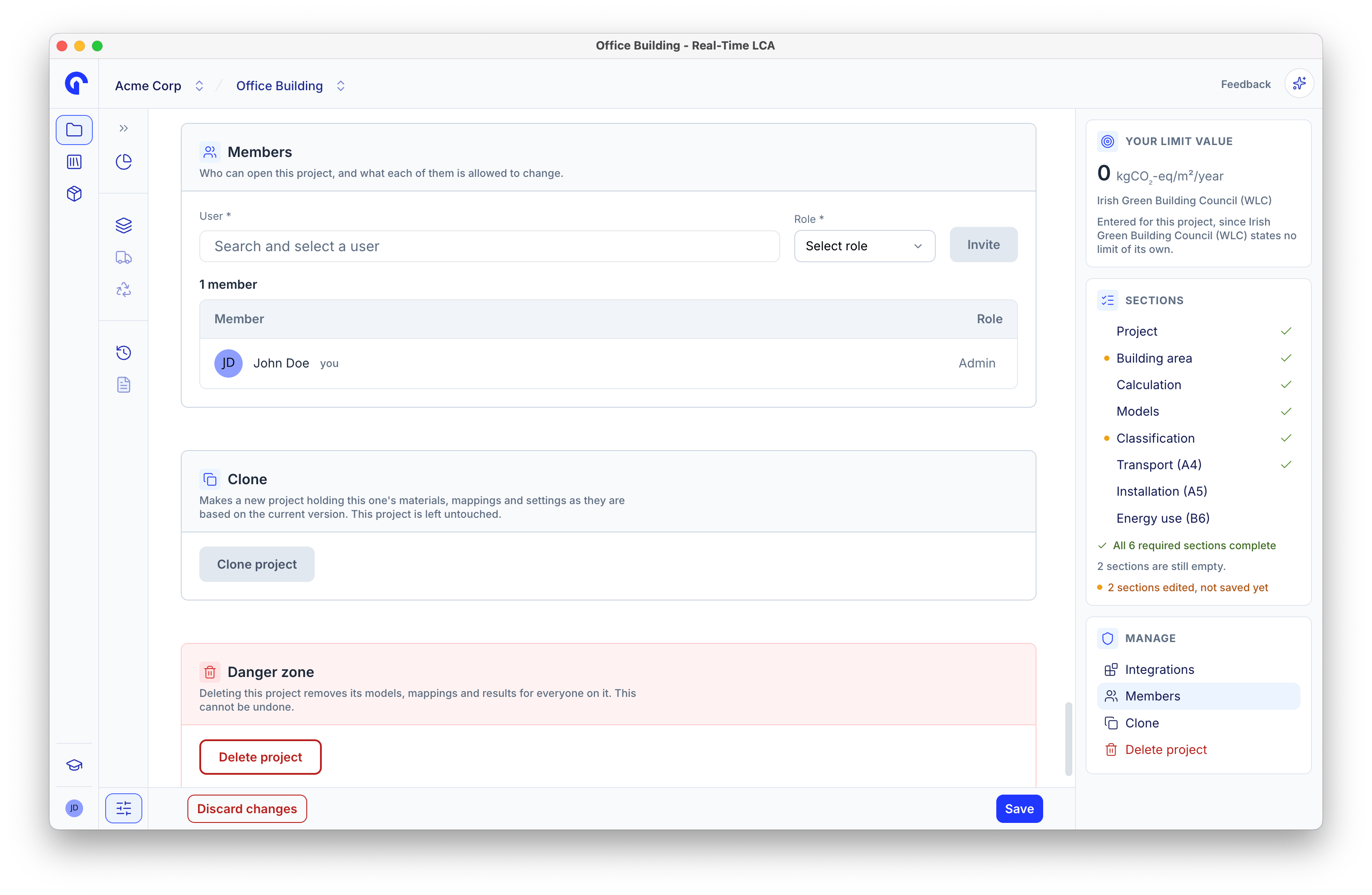 Members section with a user search, a role dropdown, an Invite button, and the current member list.