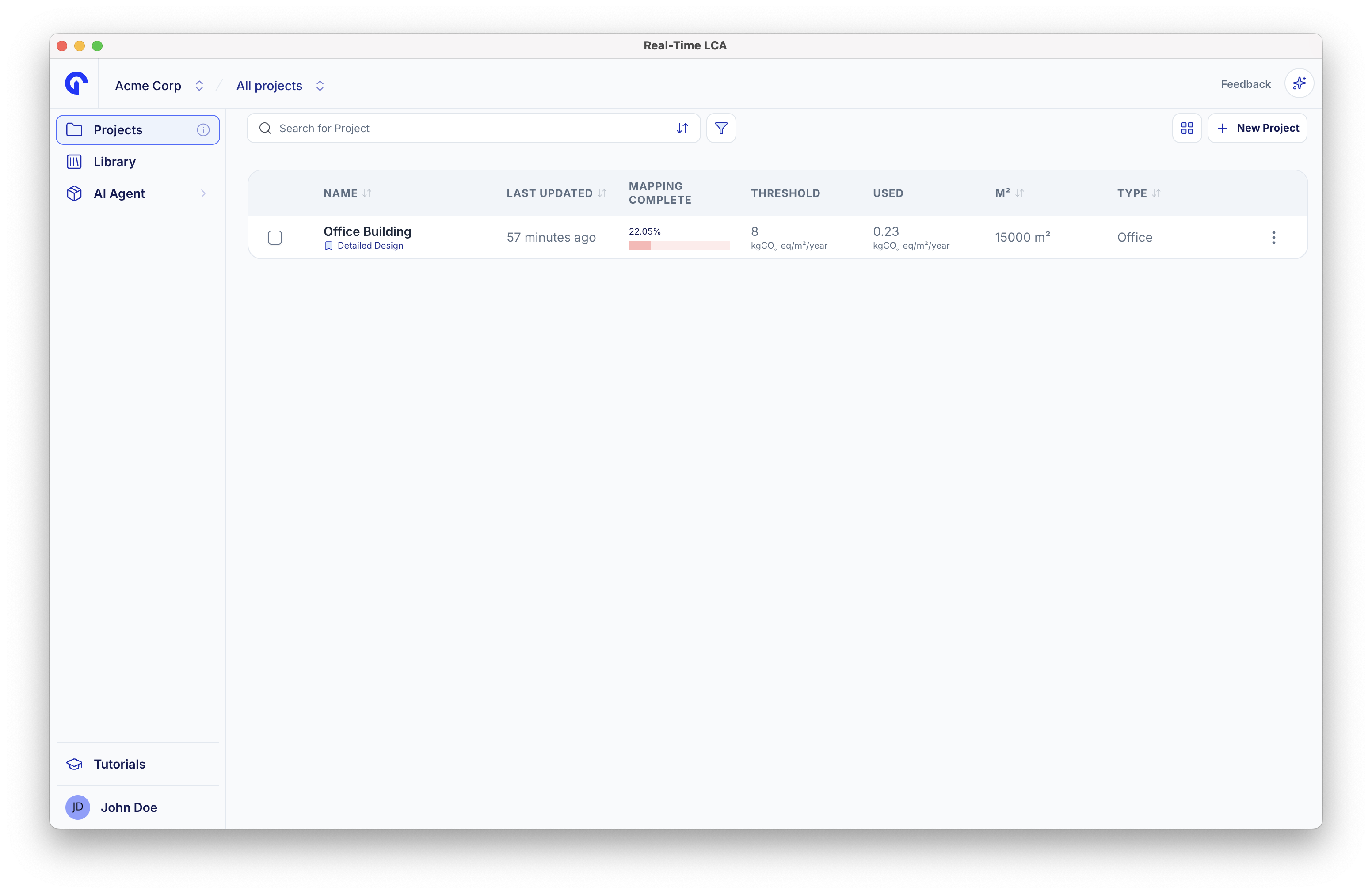 Projects list view with columns for name, last updated, mapping complete, threshold, used, area, and type.